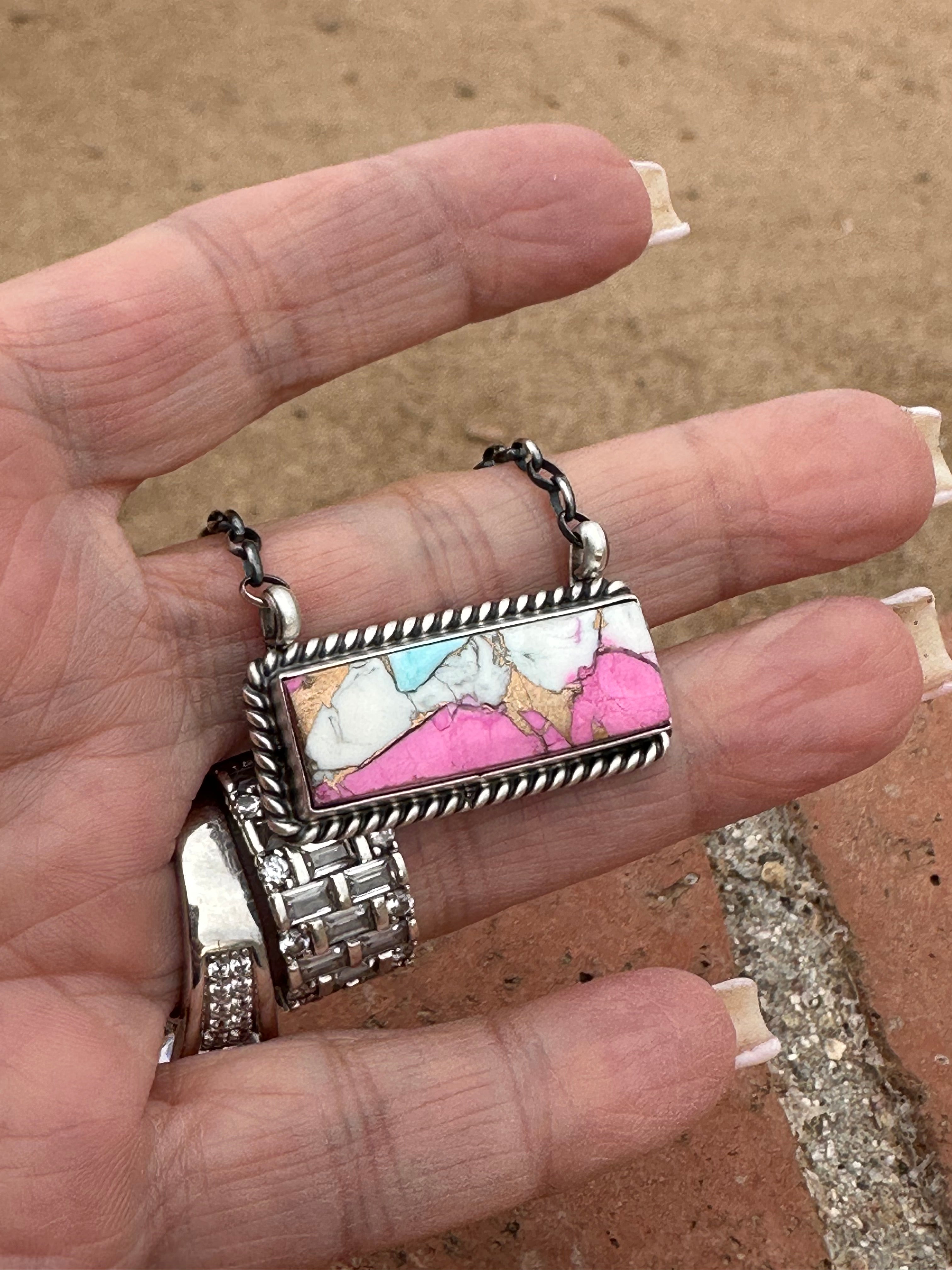 Handcrafted Cotton Candy Sterling Silver Handmade Bar Necklace