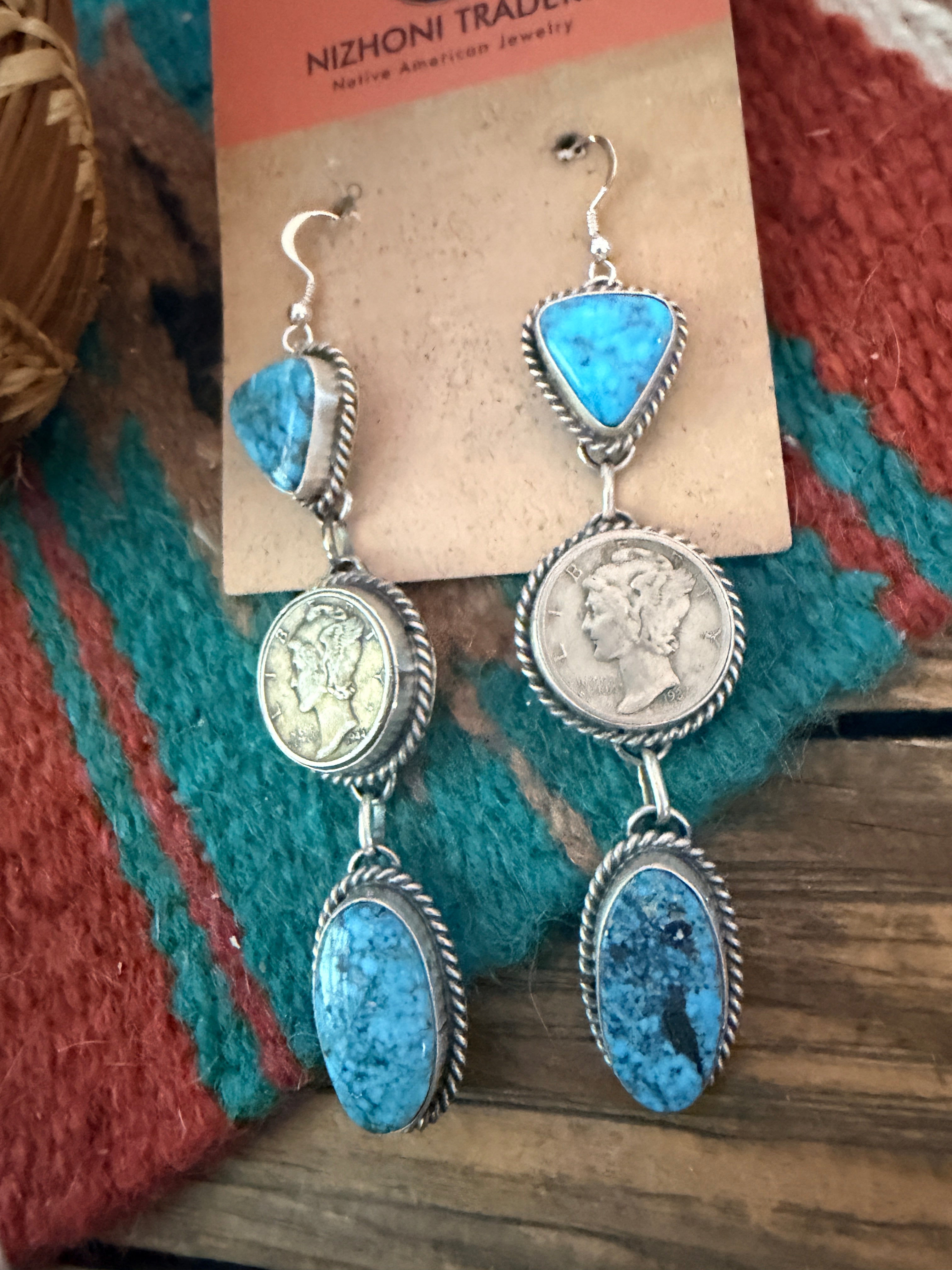 Handcrafted Turquoise & Sterling Silver Liberty Dime Dangle Earrings by Hiram Largo