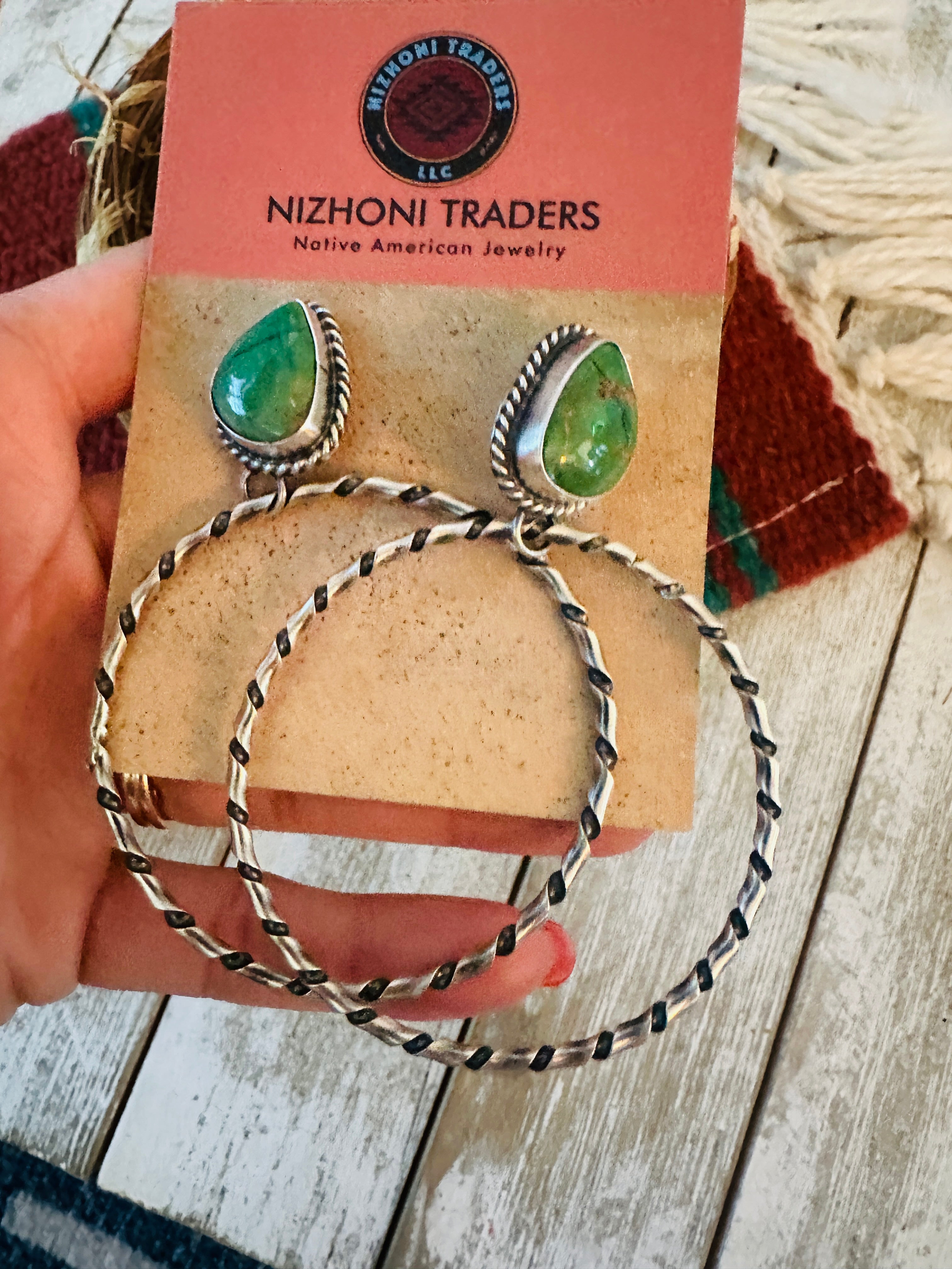 Navajo Turquoise and Sterling Silver Dangle Hoop Earrings