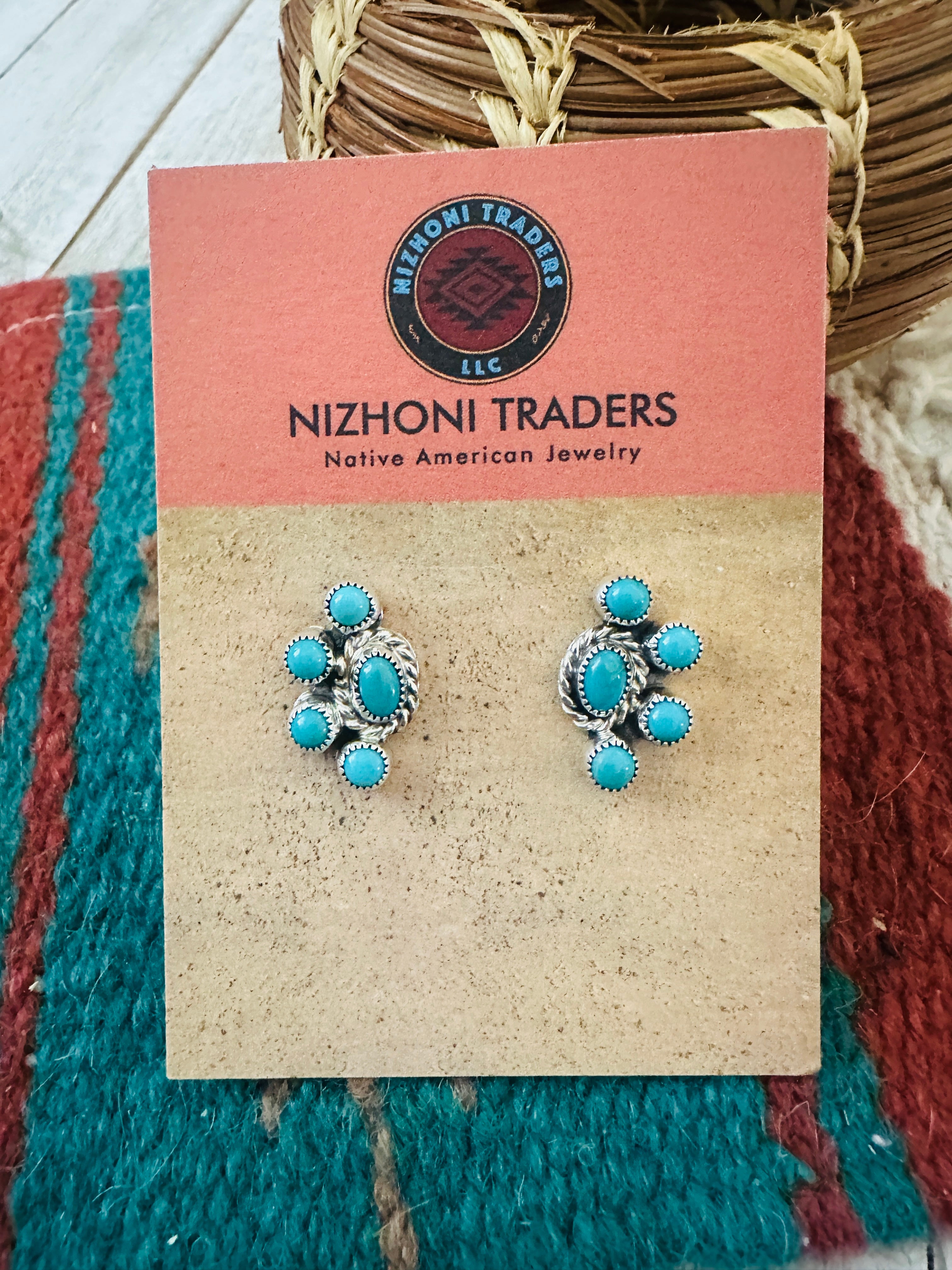 Handcrafted Turquoise & Sterling Silver Cluster Post Earrings