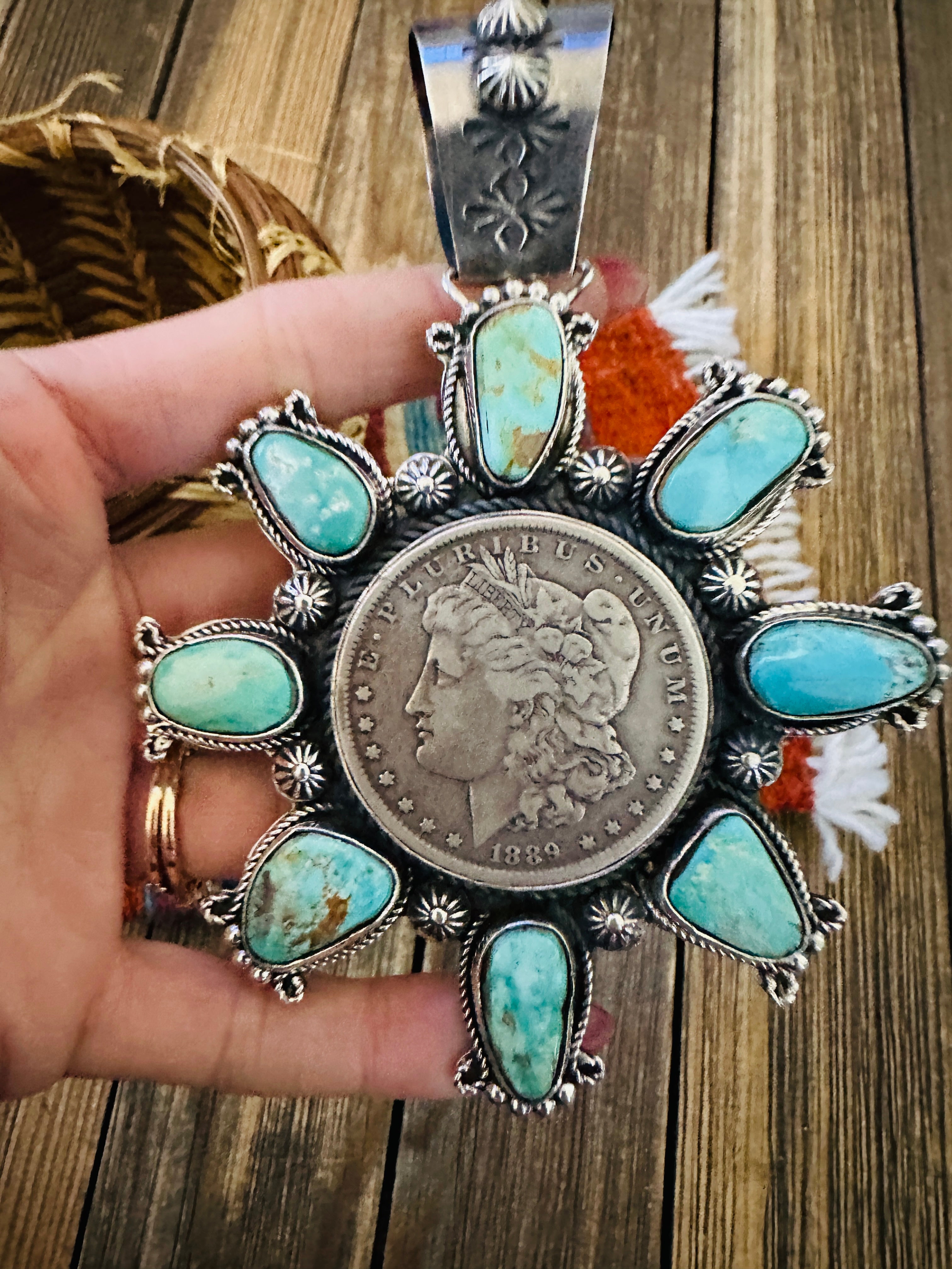 Handcrafted Sterling Silver & Turquoise Morgan Dollar Pendant by Rosella Paxson