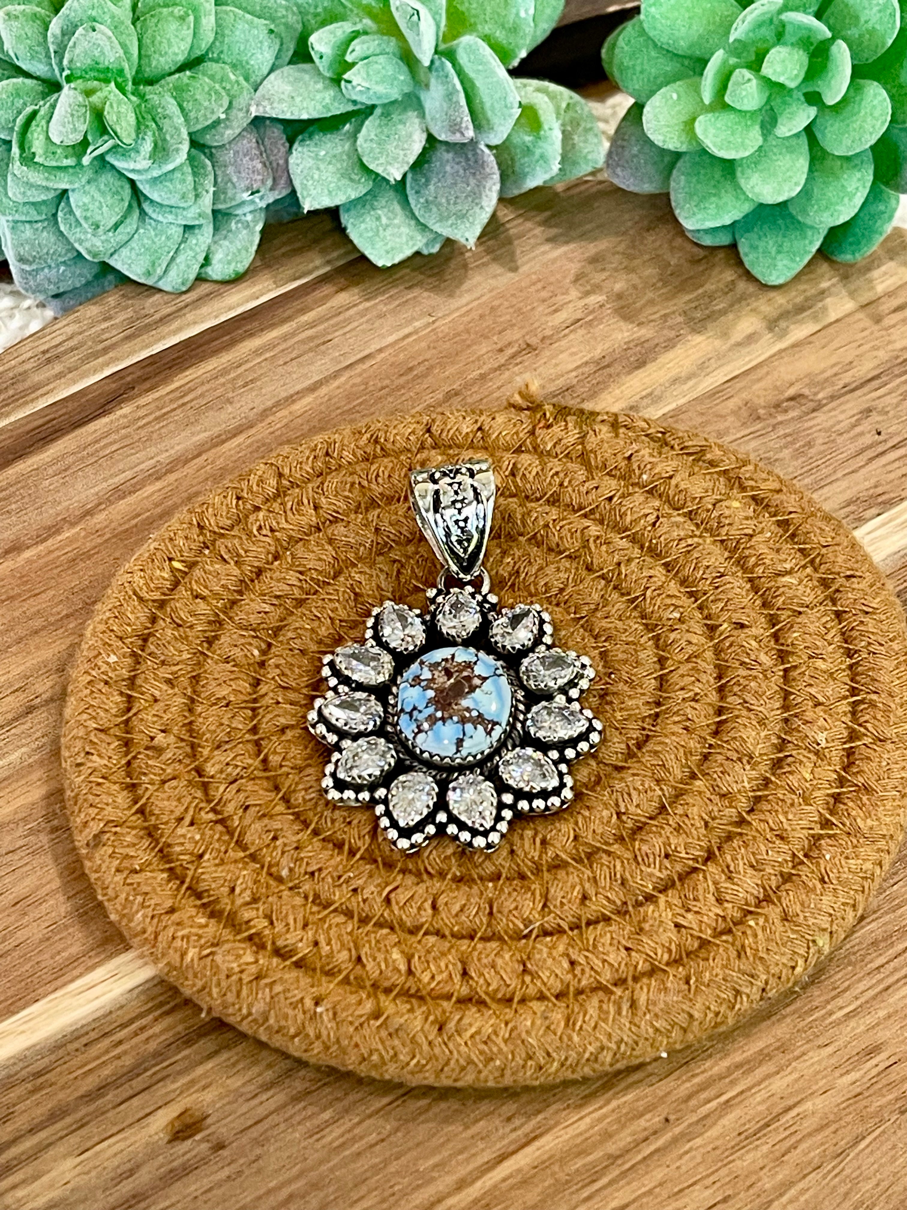 Handmade Golden Hills Turquoise, Sterling Silver & CZ Cluster Pendant Signed Nizhoni