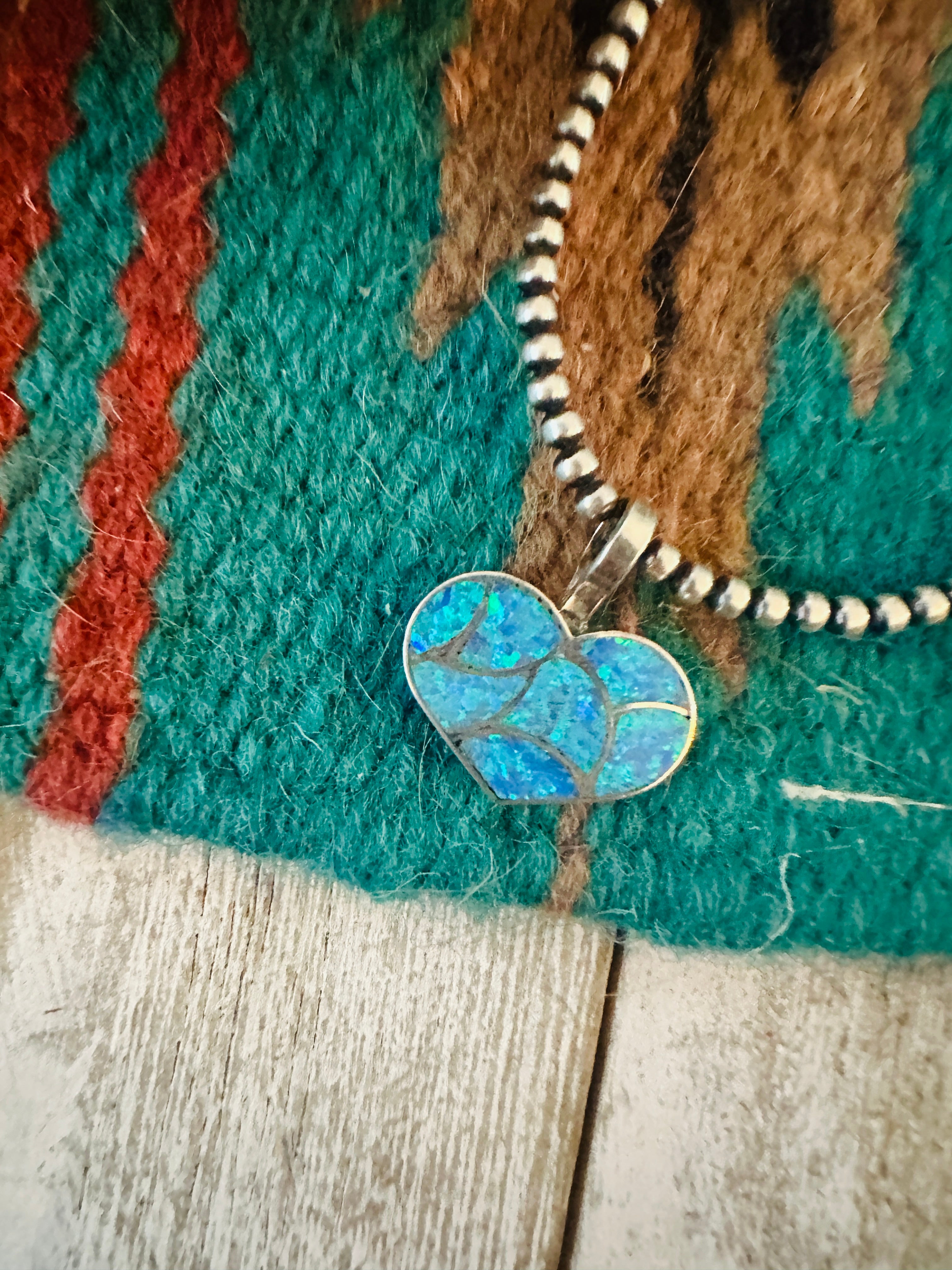 Handcrafted Blue Opal & Sterling Silver Inlay Heart Pendant