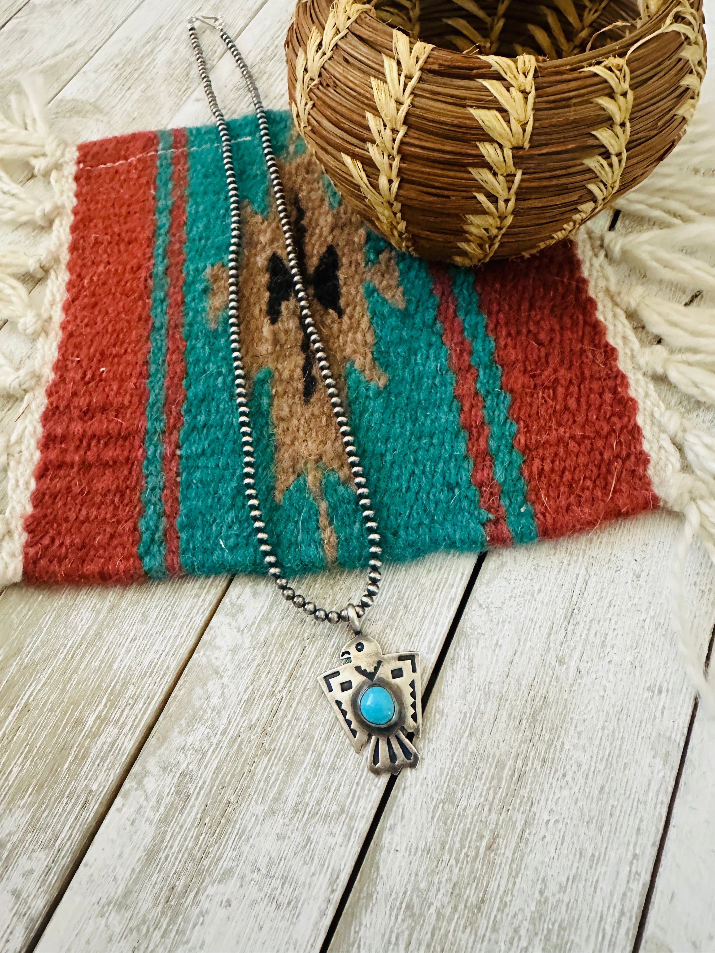 Handcrafted Turquoise & Sterling Silver Pearl Beaded Thunderbird Necklace