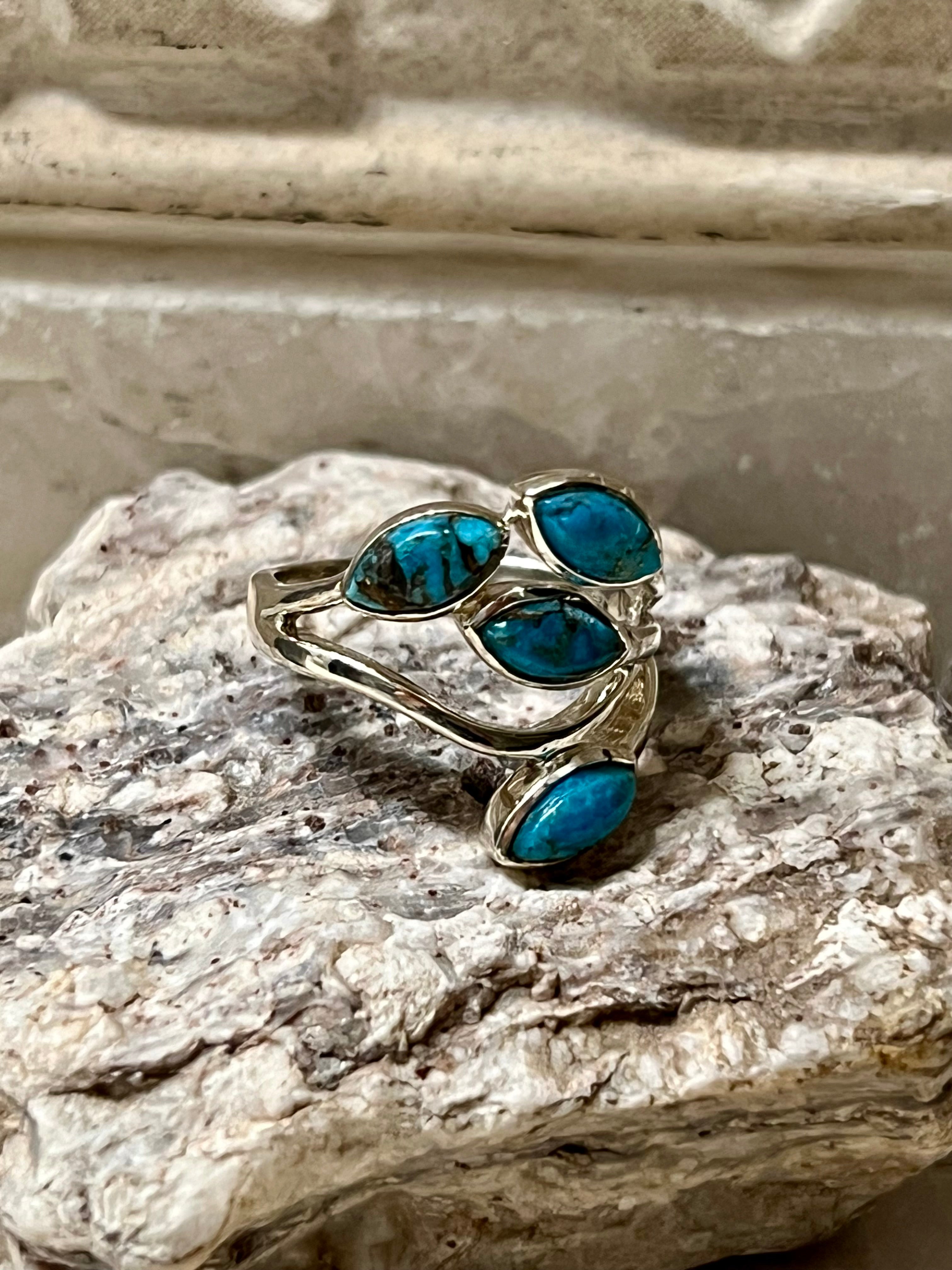 Four Stone Blue Copper Turquoise Sterling Silver Ring Size 9