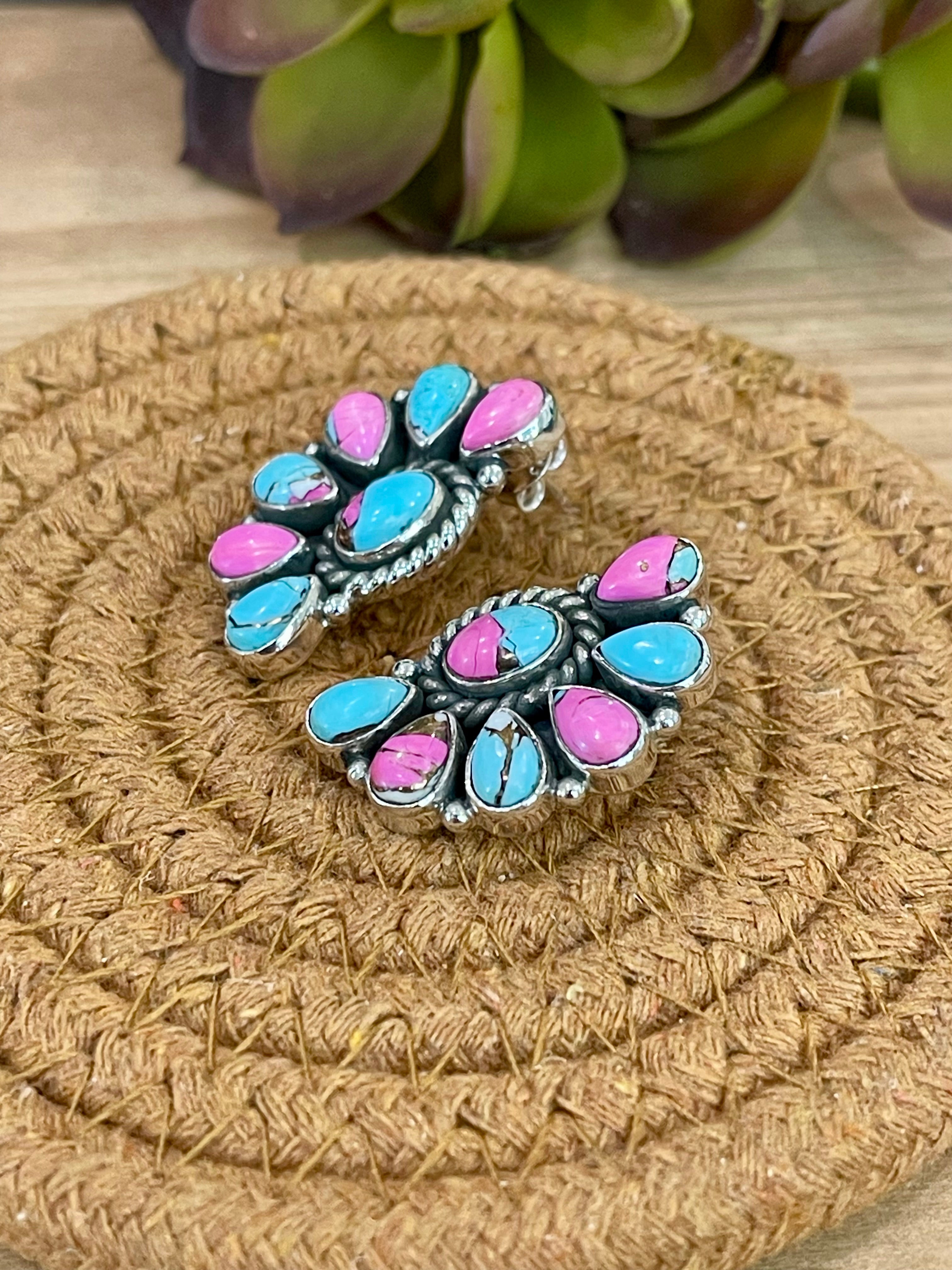 Handmade Sterling Silver Cotton Candy Turquoise Post Earrings with Signed Nizhoni