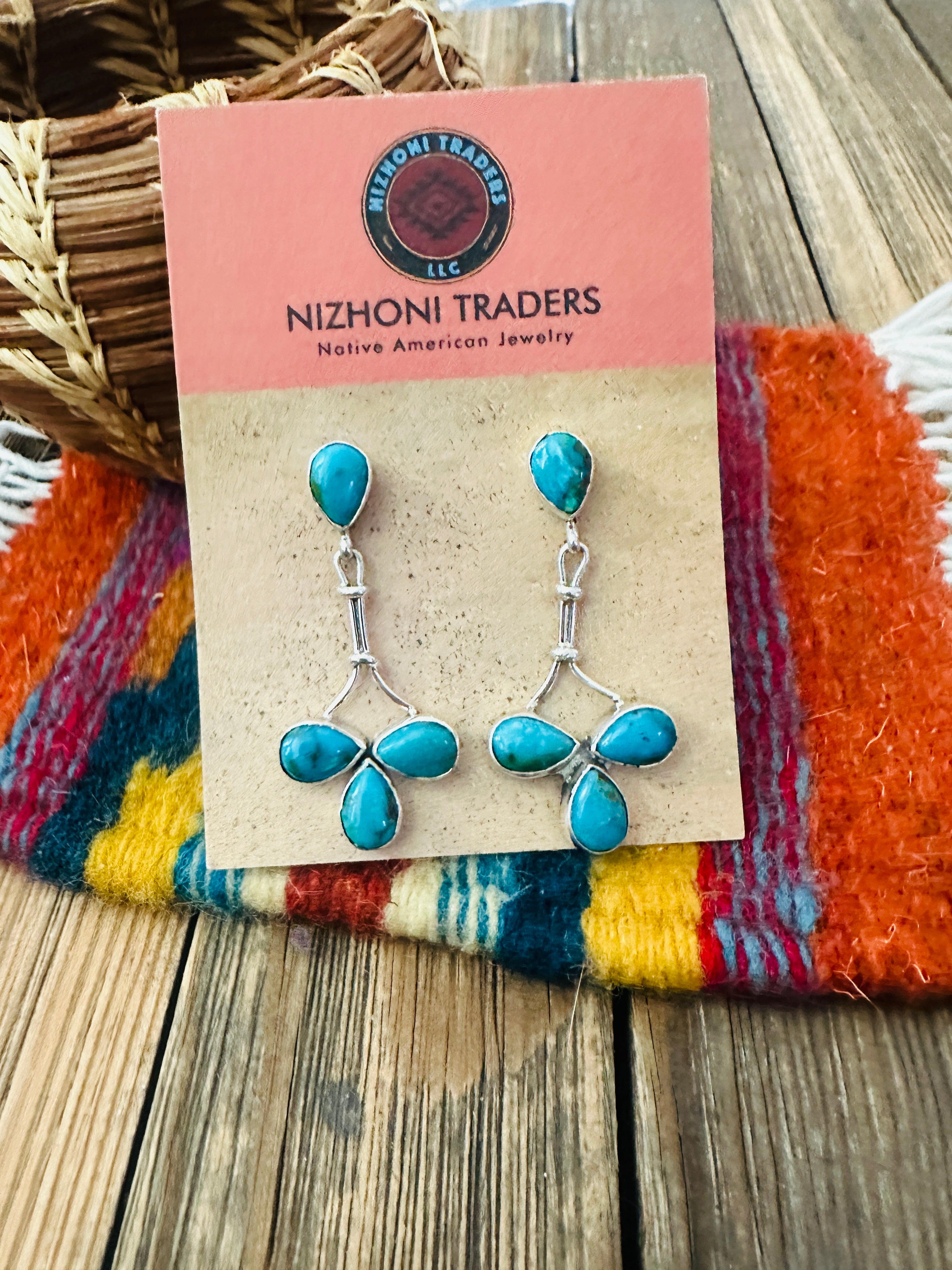 Handcrafted Turquoise & Sterling Silver Cluster Dangle Earrings