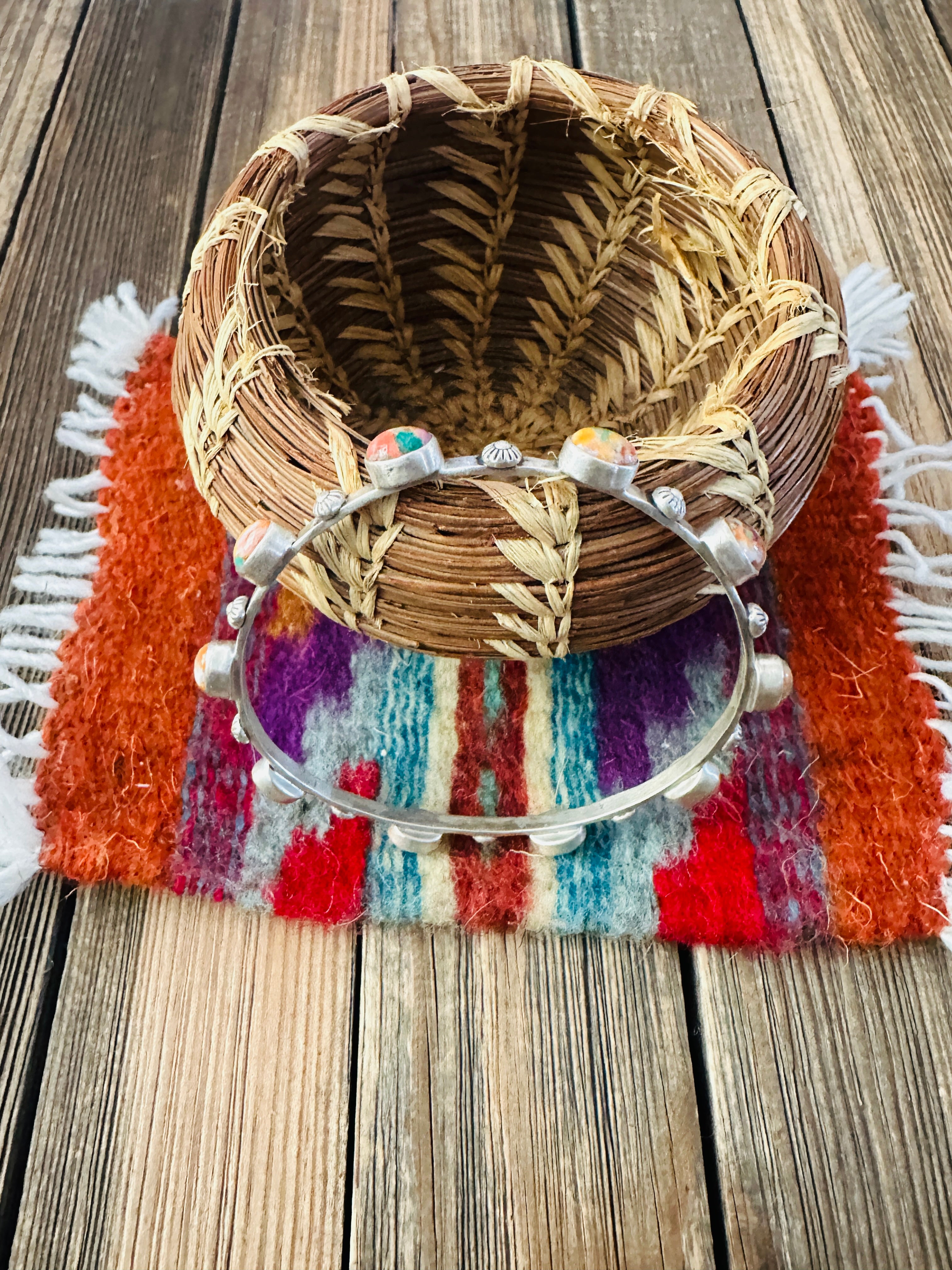 Handcrafted Multi Stone & Sterling Silver Bangle Bracelet