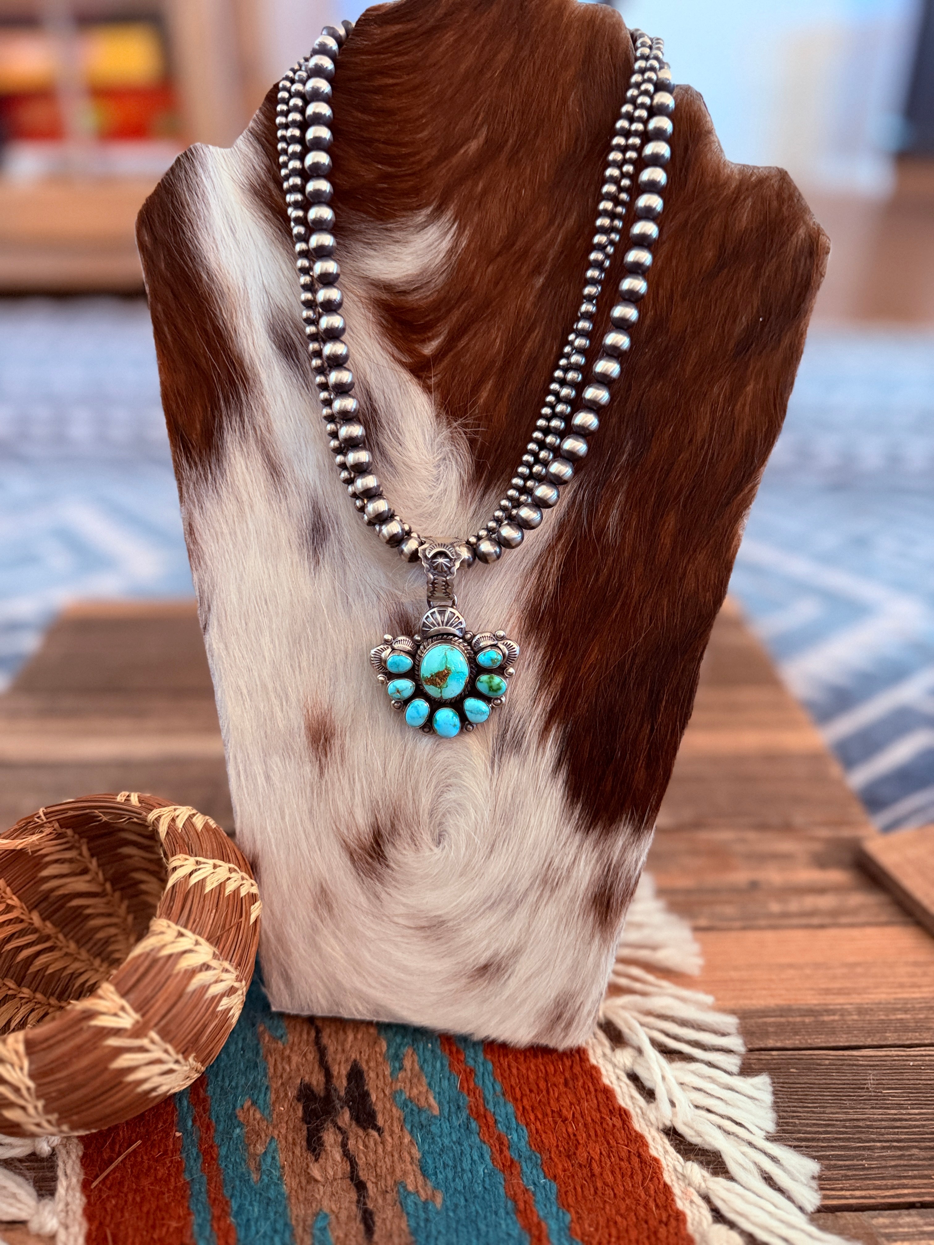 Handcrafted Sonoran Mountain Turquoise & Sterling Silver Beaded Necklace by Gilbert Tom