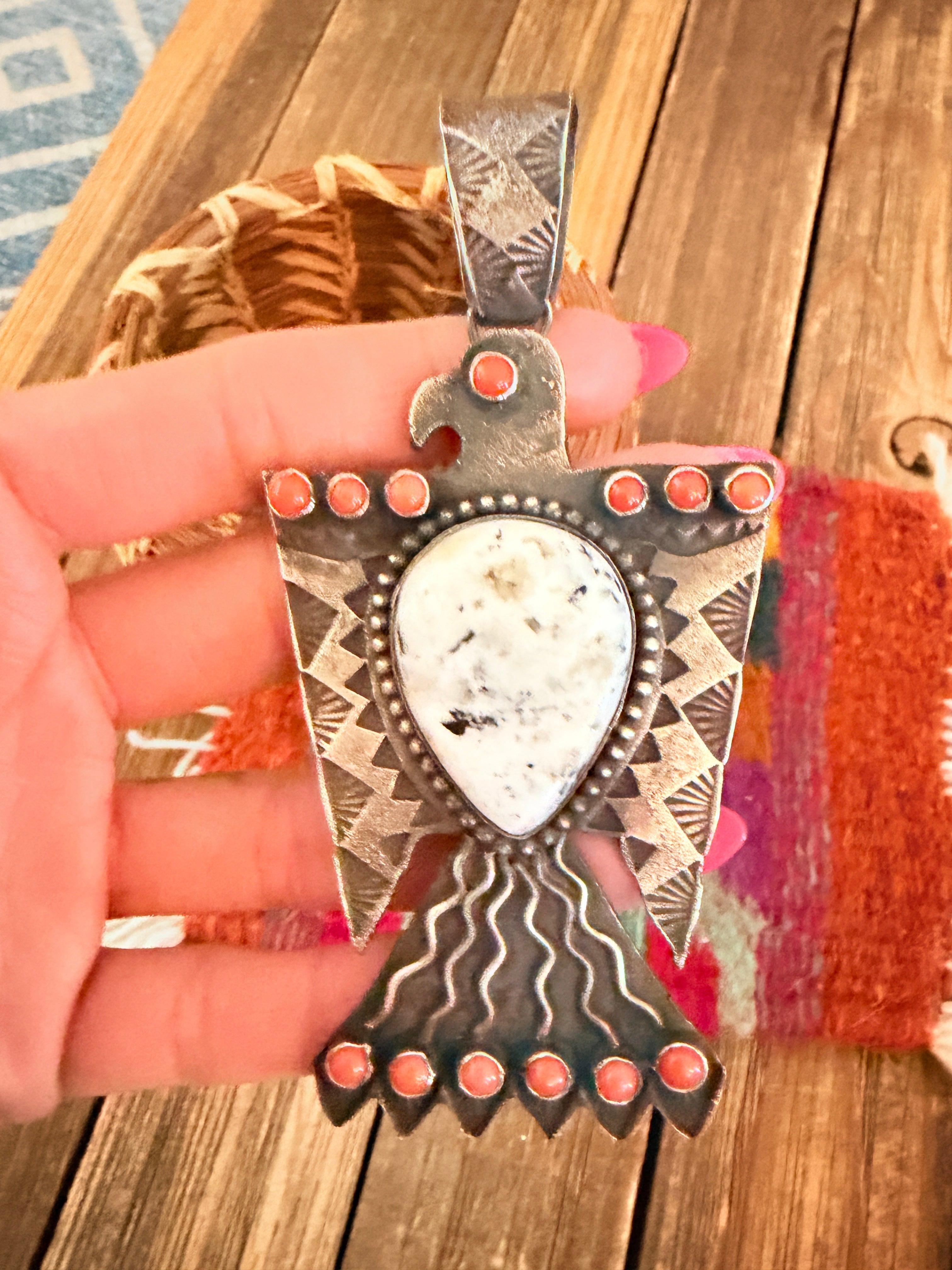 Handcrafted Sterling Silver, White Buffalo & Coral Thunderbird Pendant by Shawn Cayatineto
