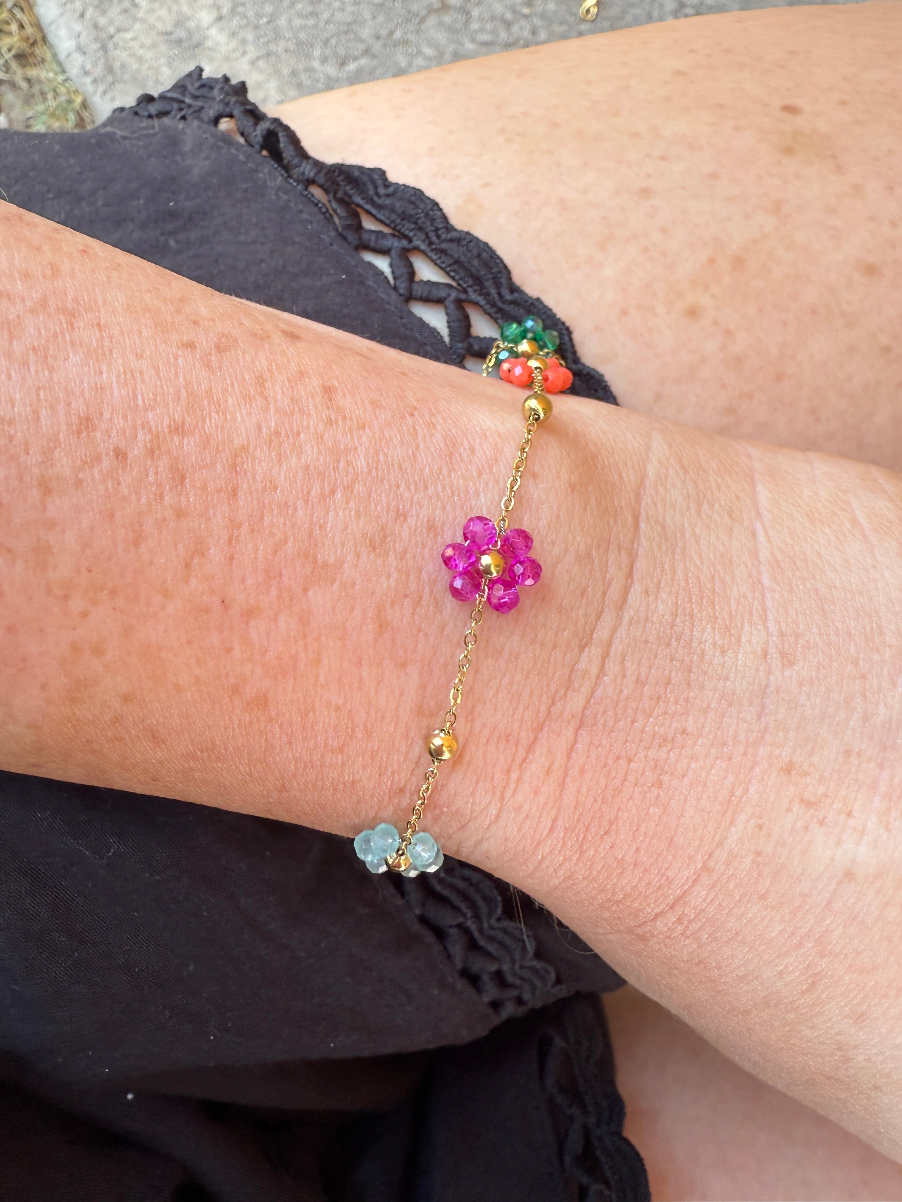 “The Golden Collection” Handmade Multi Color Beaded Plated Flower Bracelet