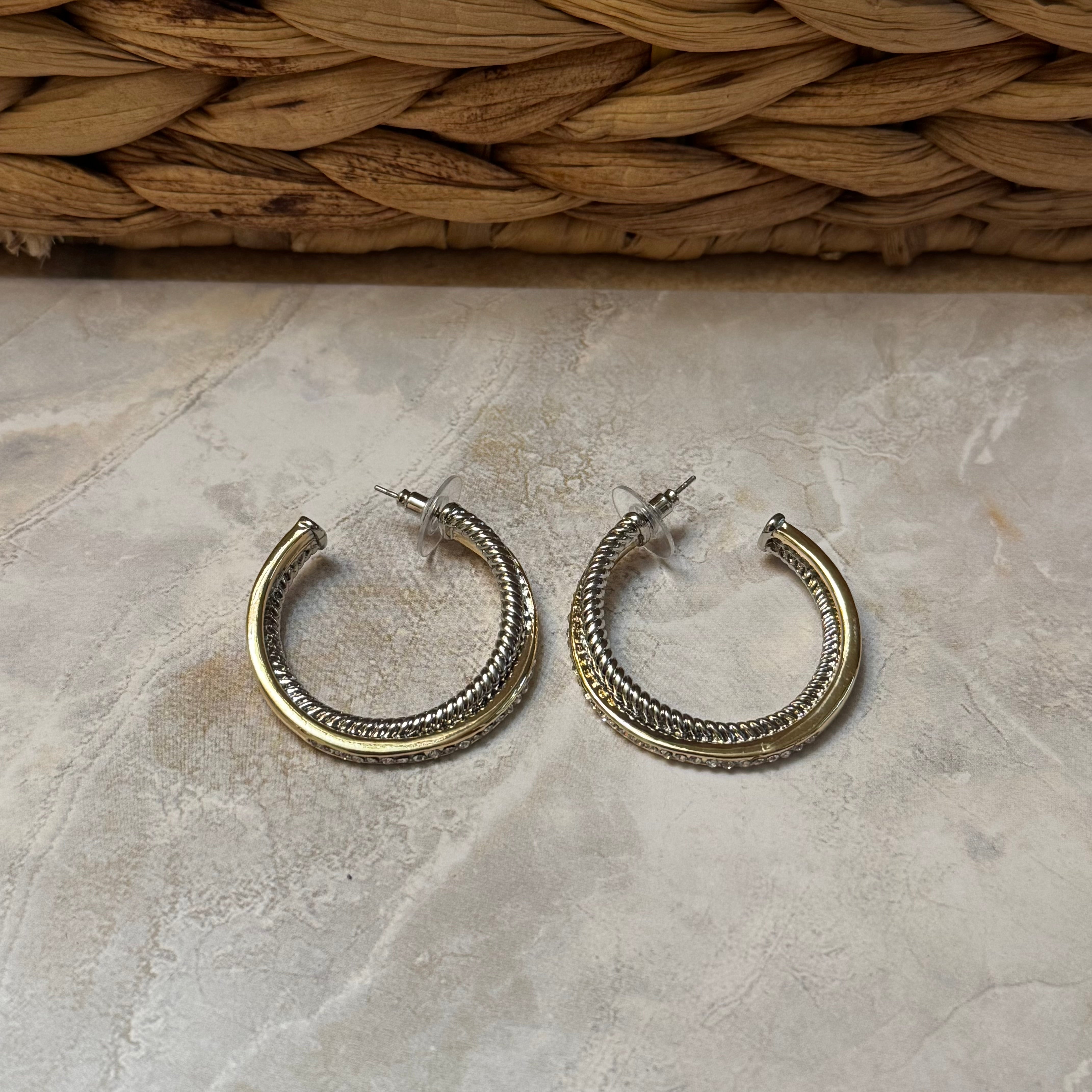 Silver & 14k Gold Plated Two Tone CZ Cable Hoop Earrings