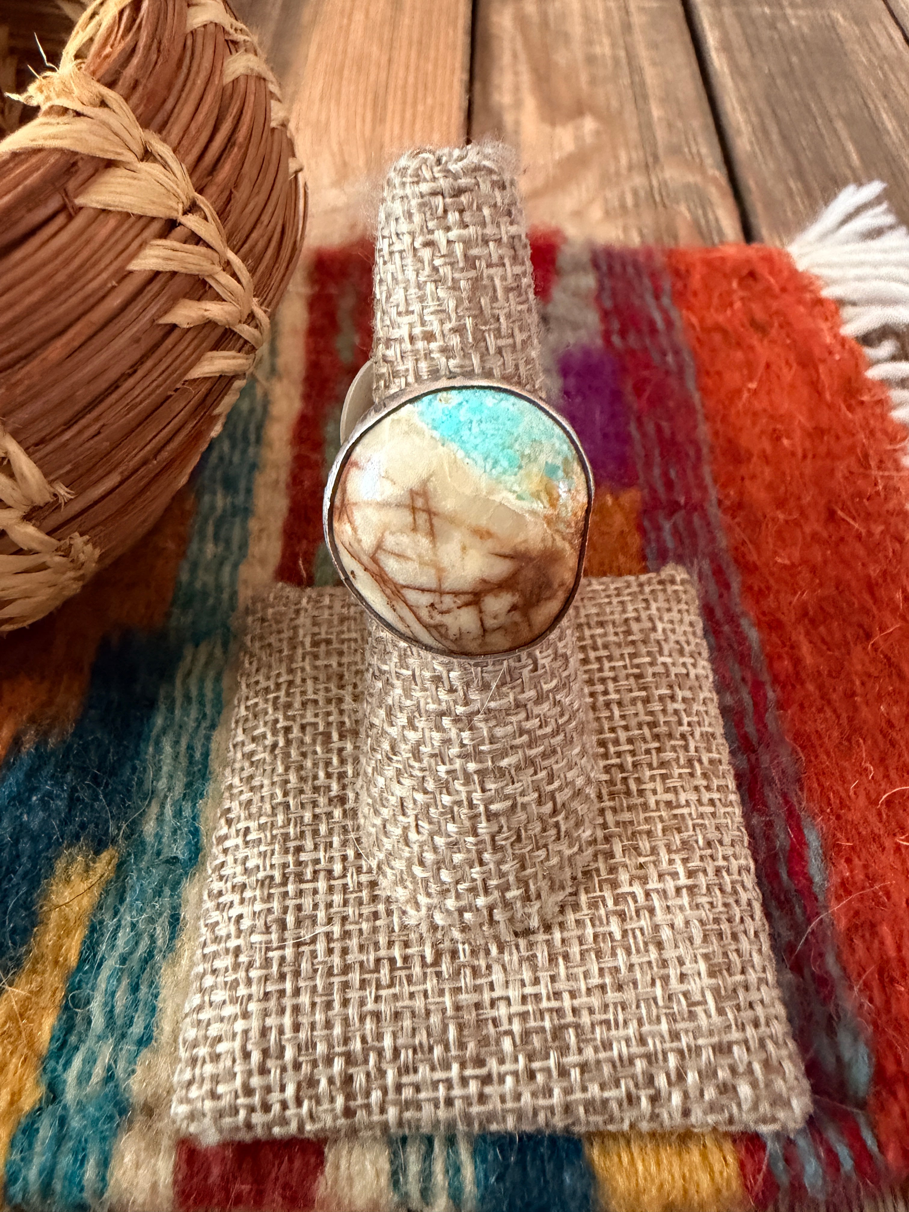 Handcrafted Ribbon Turquoise & Sterling Silver Ring Size 7.5