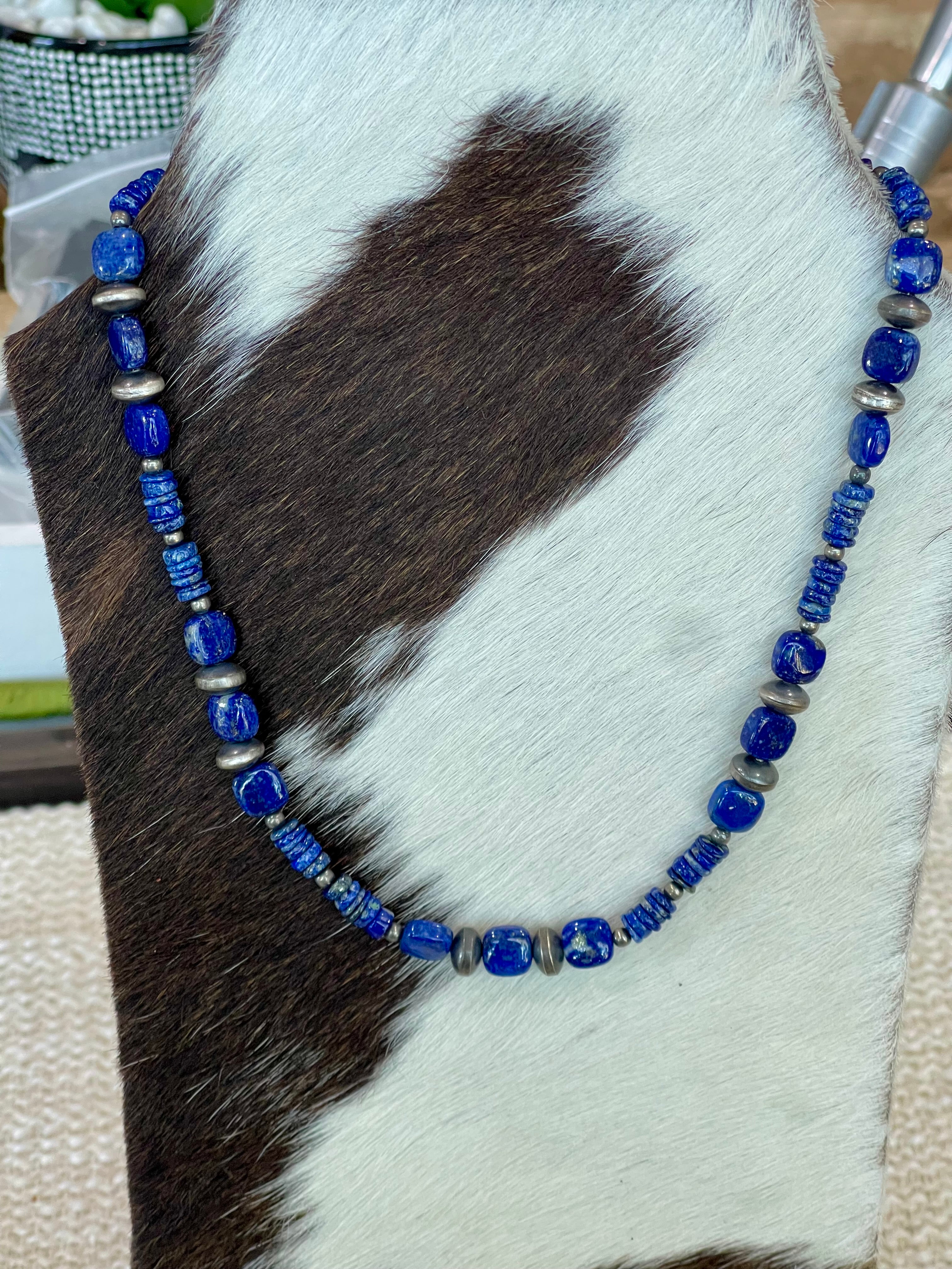** 4TH OF JULY ** Handmade Sterling Silver & Lapis Beaded Necklace Signed Nizhoni