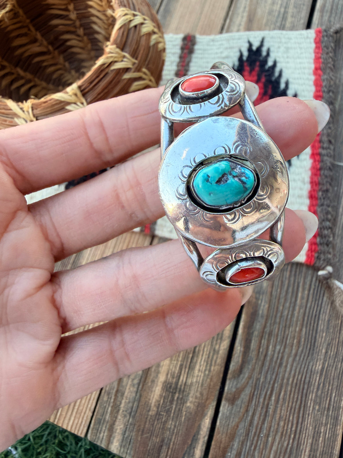 Handcrafted Old Pawn Sterling Silver, Turquoise & Coral Cuff Bracelet