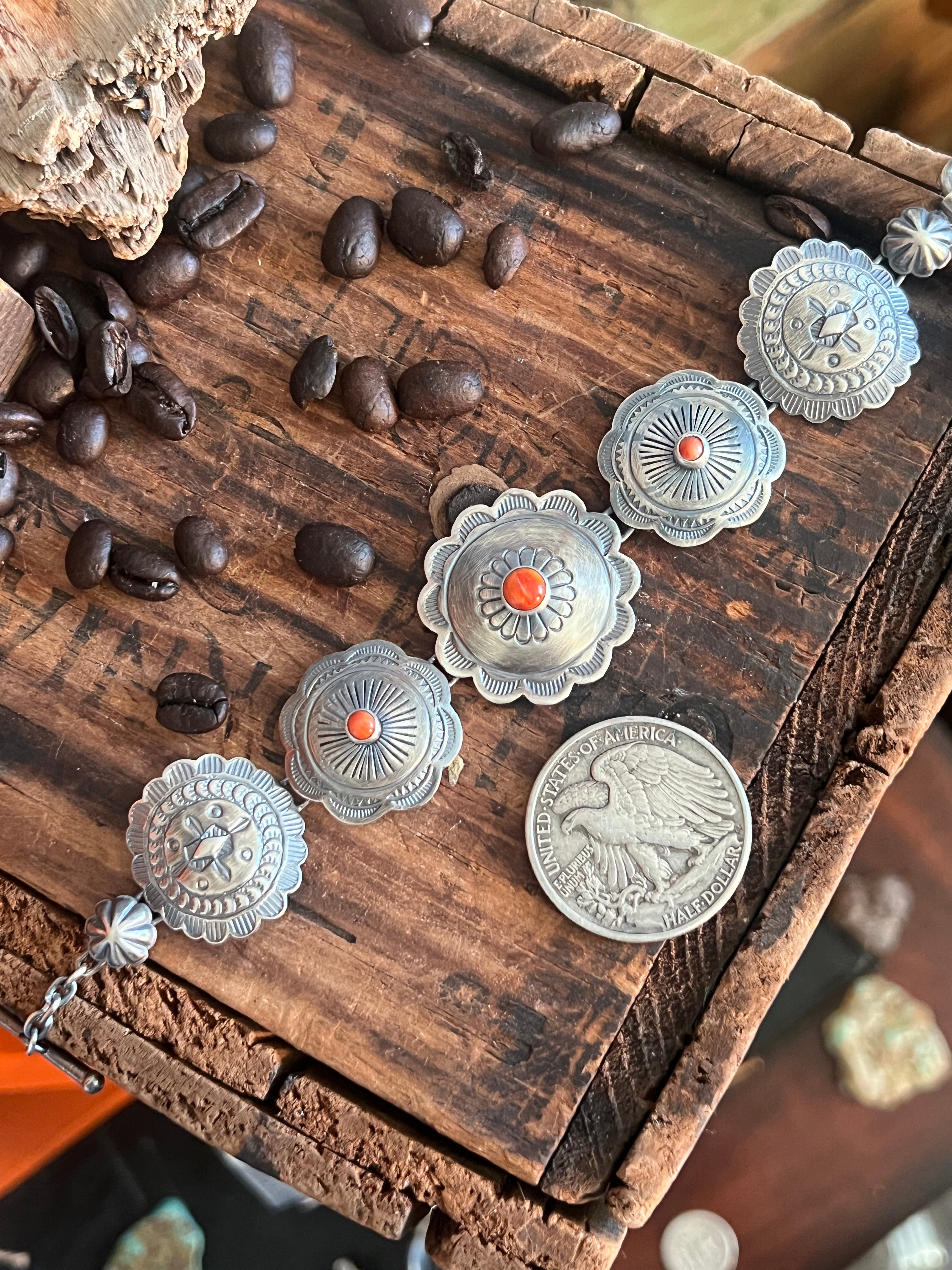 Daniel Coriz Sterling Concho Link Bracelet with Spiny Oyster Shell