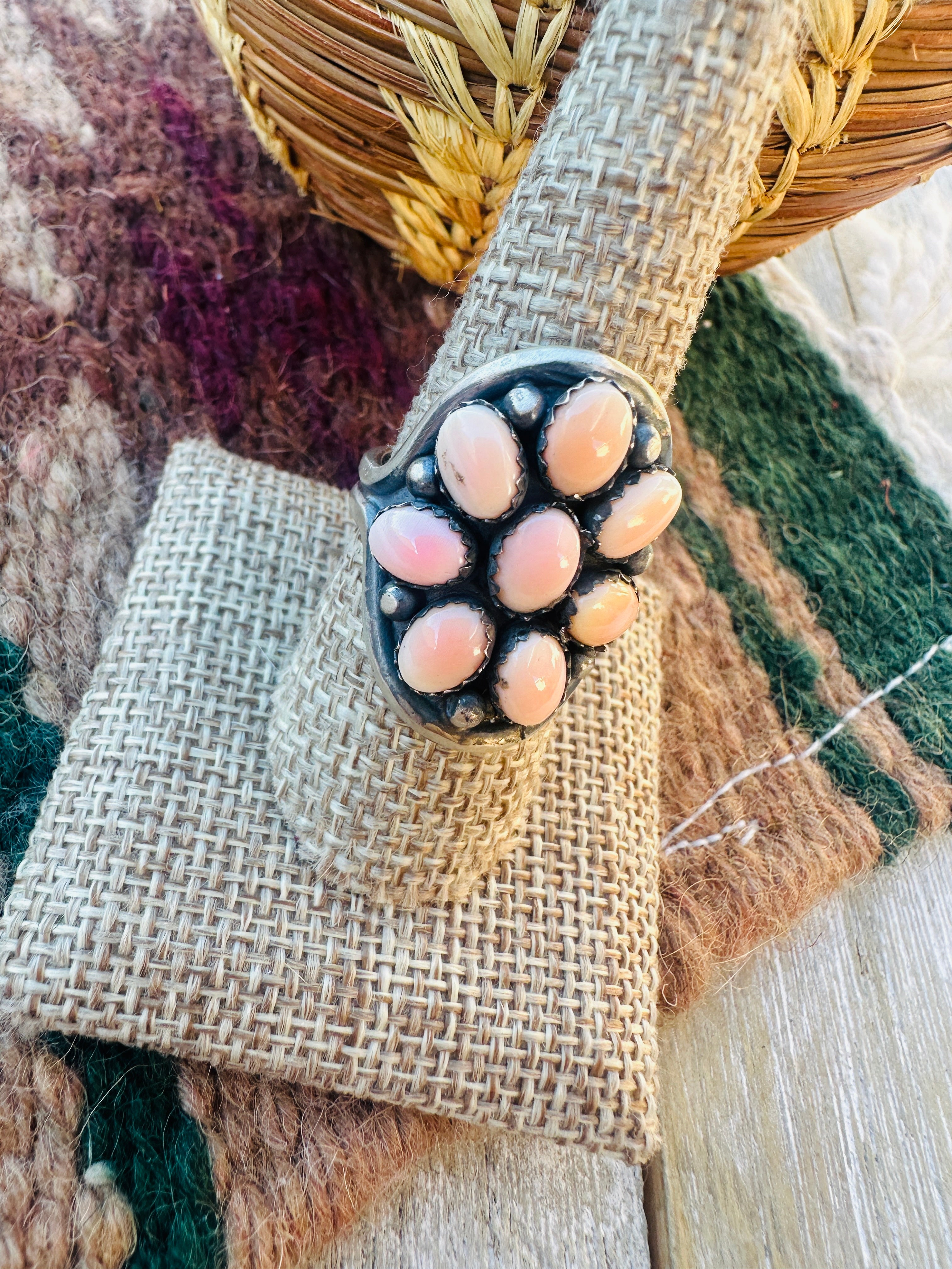 Handcrafted Queen Pink Conch & Sterling Silver Cluster Ring Size 9
