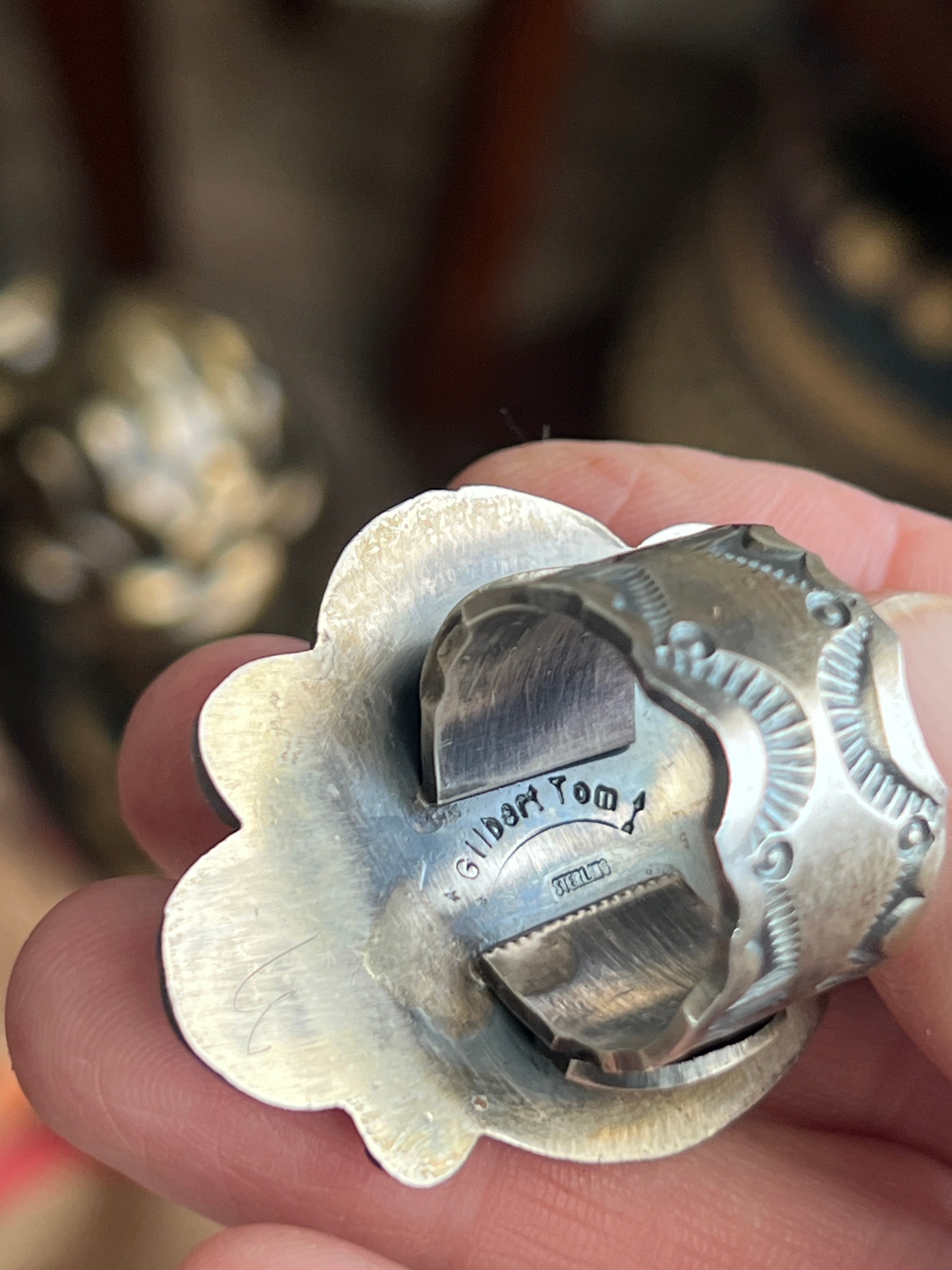 Handcrafted Sterling Silver and Number 8 Turquoise Ring by Artist, Gilbert Tom, Size 10.5