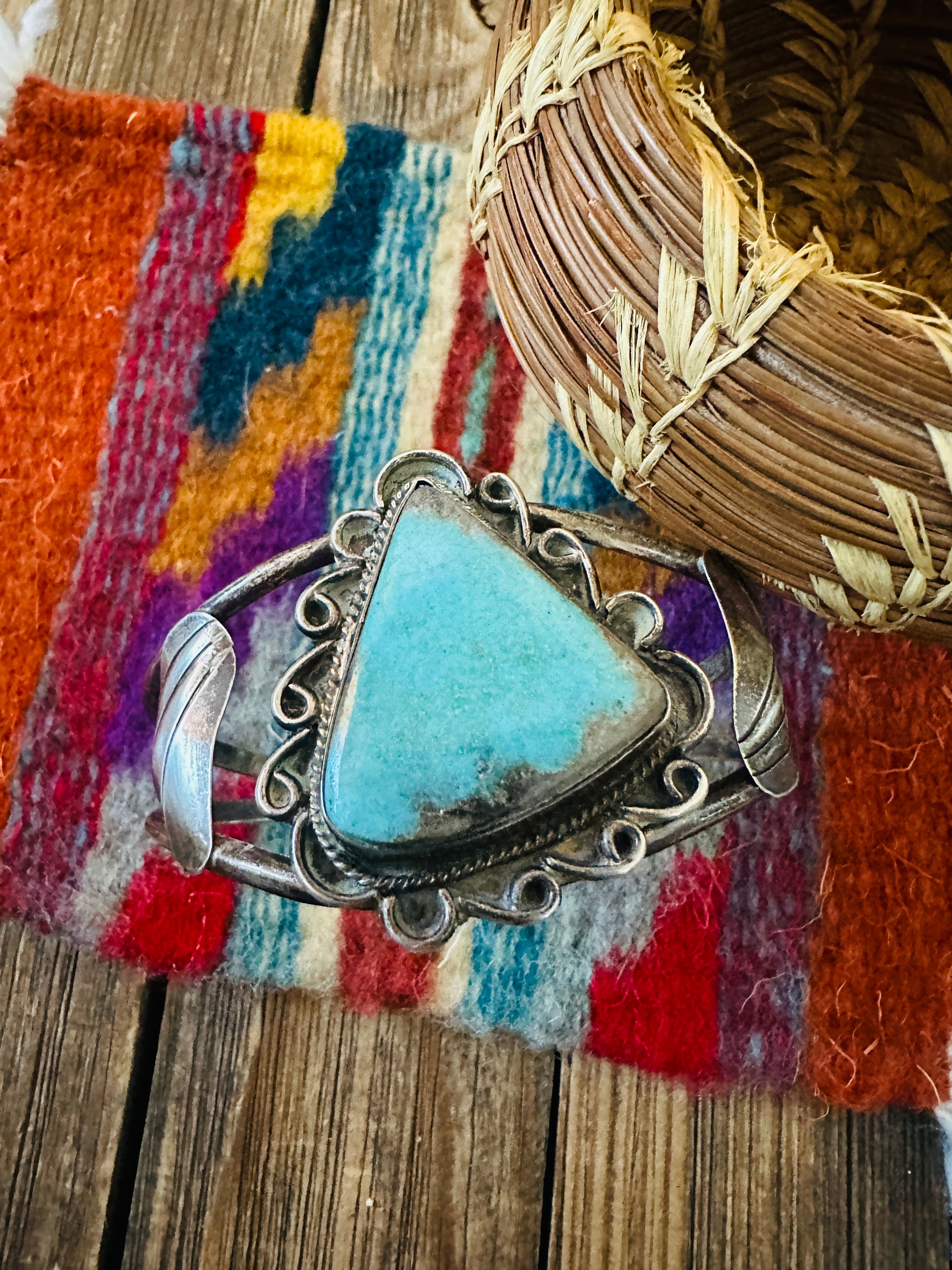 Handcrafted Old Pawn Sterling Silver & Turquoise Cuff Bracelet