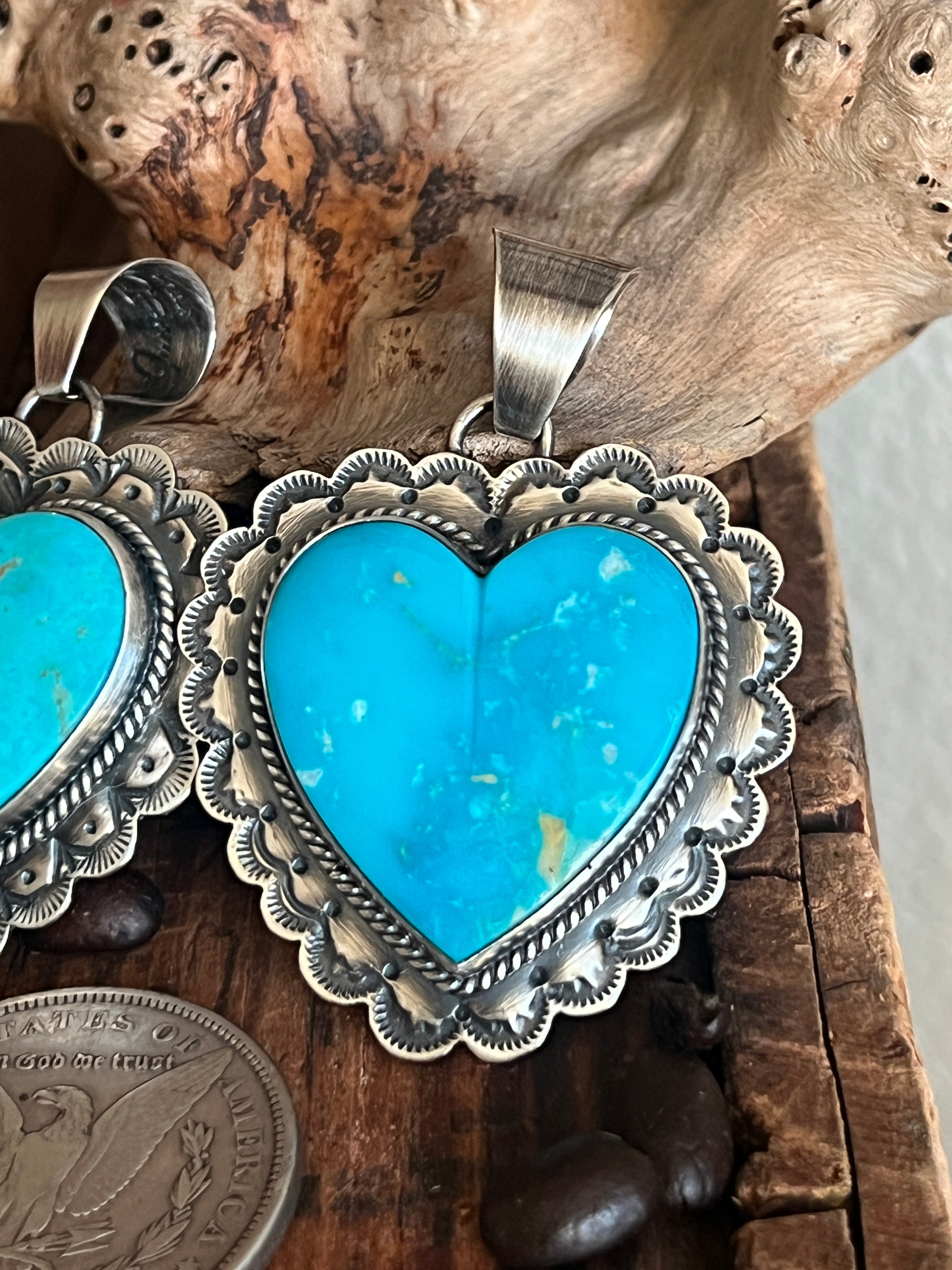 Hand Stamped Sterling Silver & Kingman Turquoise Heart Pendant by June Delgarito