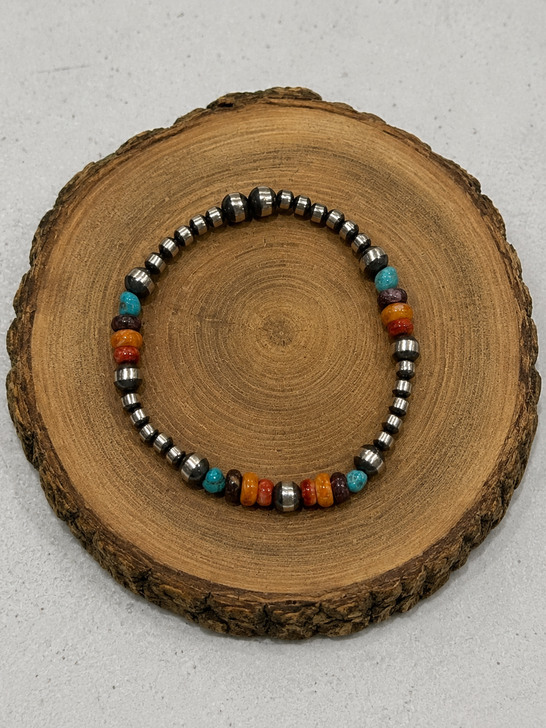 Handcrafted Spiny Oyster, Turquoise & Sterling Silver Beaded Stretch Bracelet
