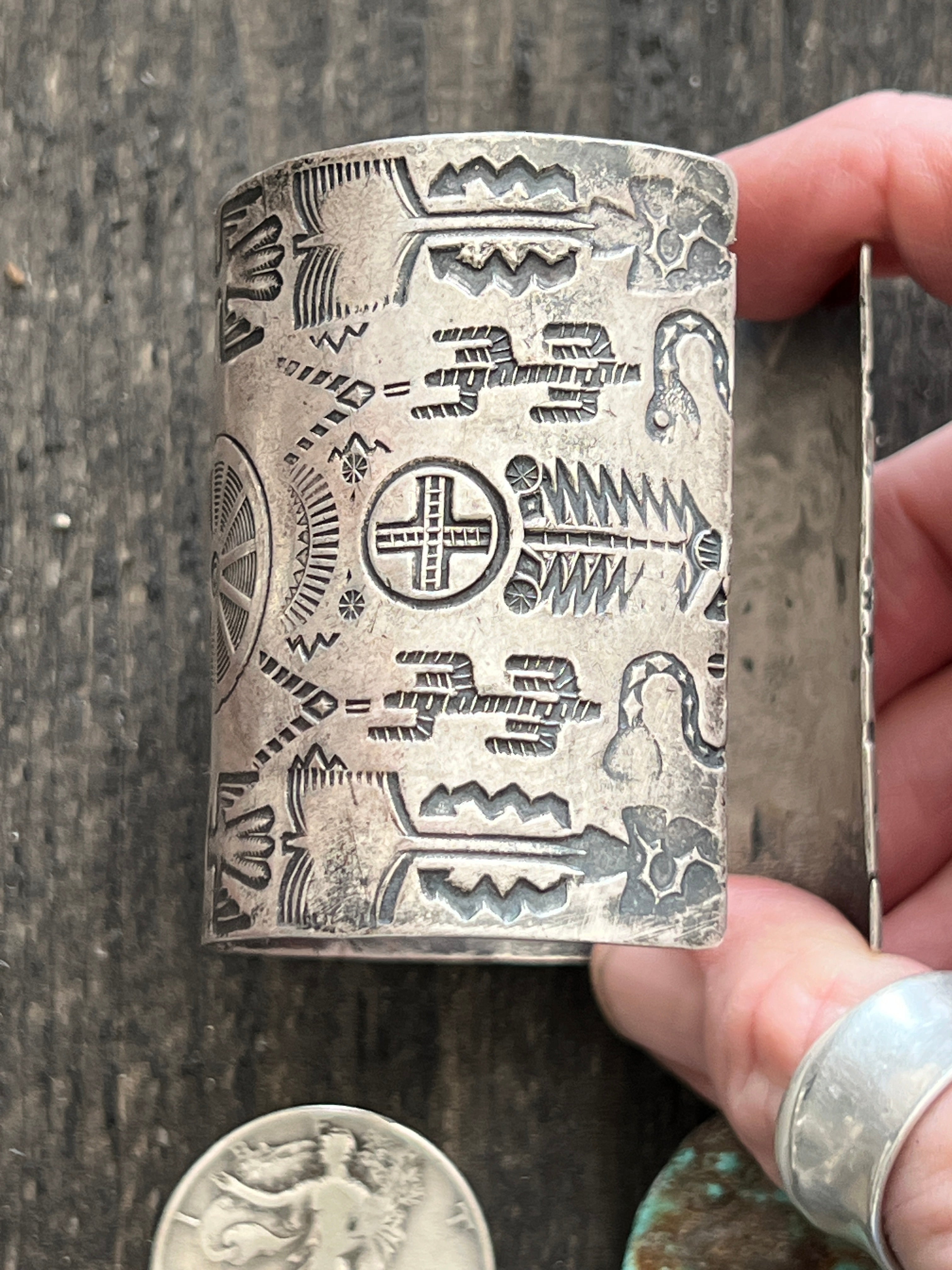 Handcrafted Vintage Fred Harvey Era Symbolic Collage TurquoiseSterling Silver Cuff Bracelet