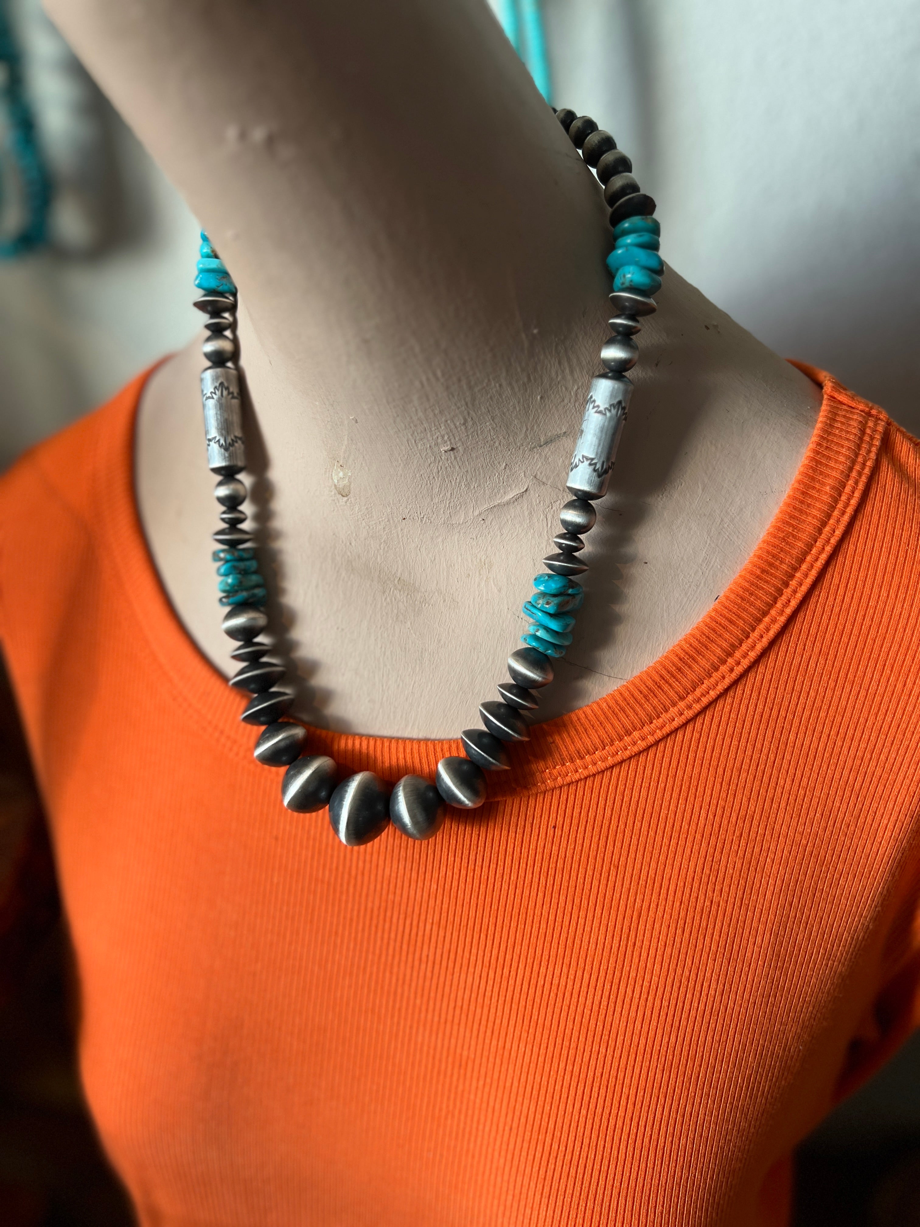 Handcrafted Sterling Silver and Kingman Turquoise Beaded Necklace by Rose Martin, 20 + 1-1/2 inches