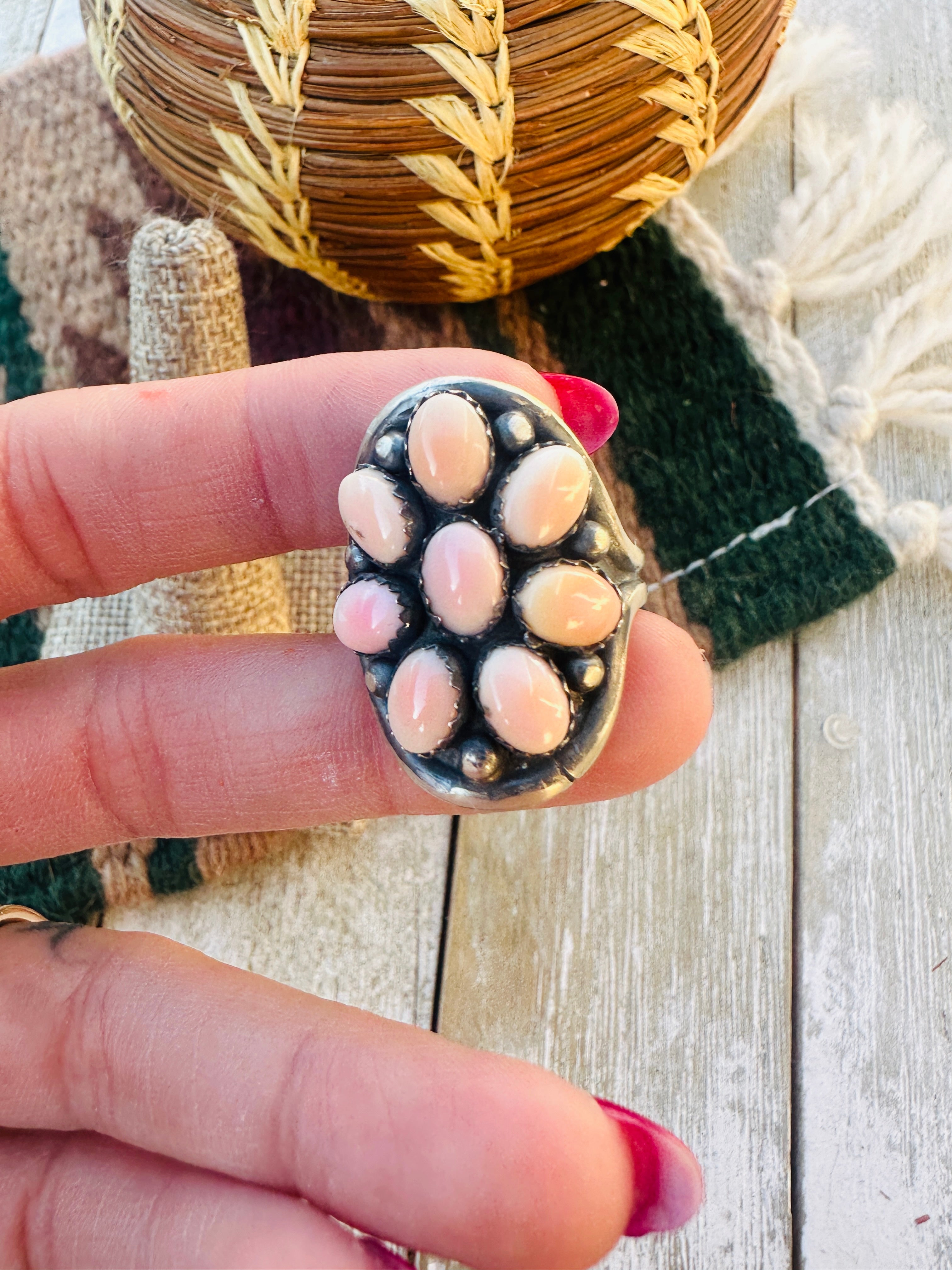Handcrafted Queen Pink Conch & Sterling Silver Cluster Ring Size 9