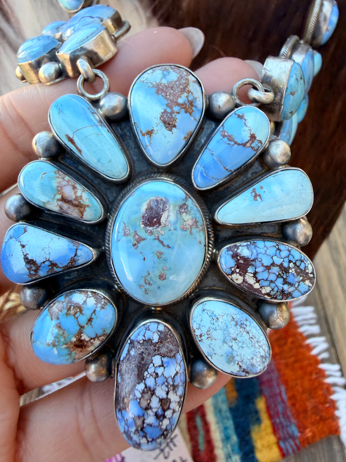 Handcrafted Golden Hills Turquoise & Sterling Silver Cluster Necklace and Earring Set by Kathleen Chavez
