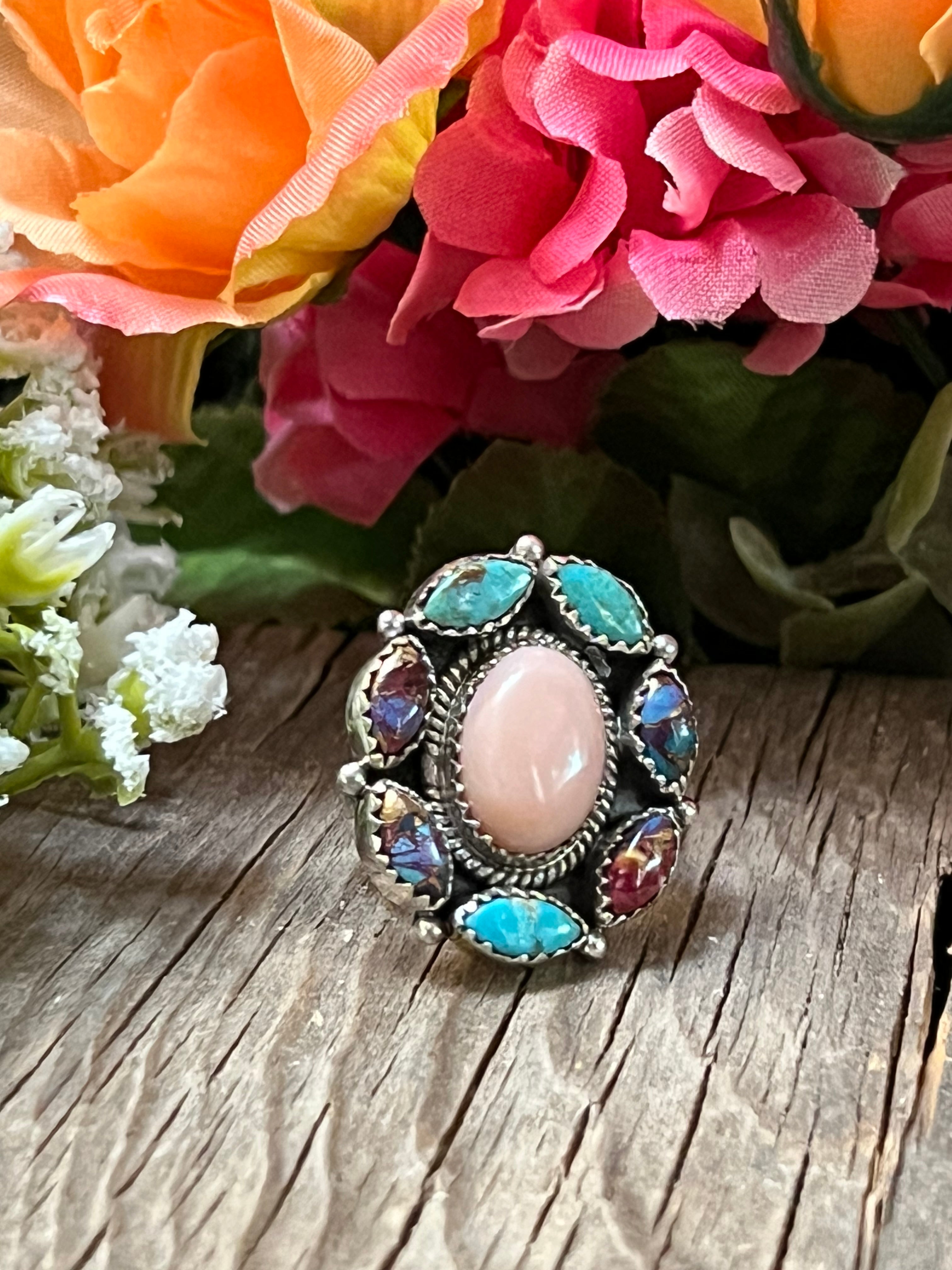 Handmade Sterling Silver Pink Conch, Purple Dream Mojave, Turquoise Cluster Adjustable Ring