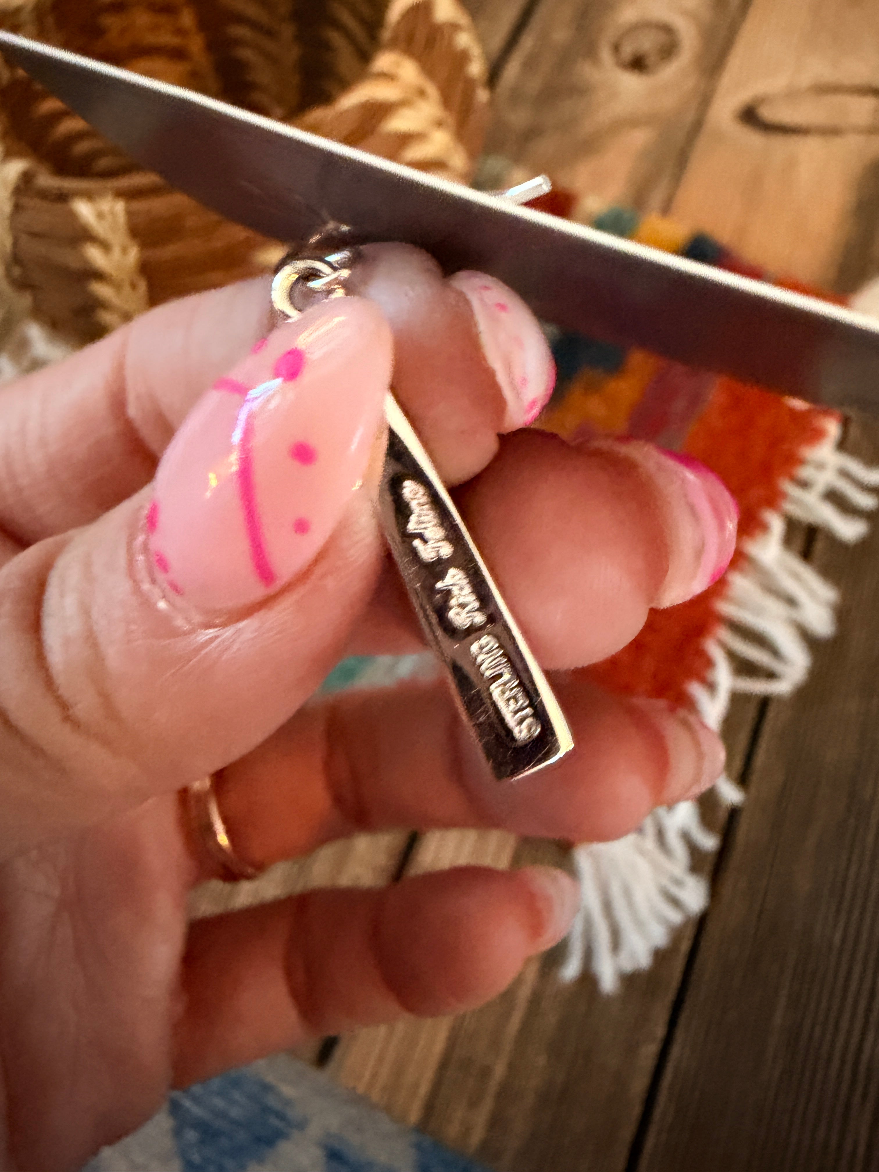 Handcrafted Queen Pink Conch & Sterling Silver Inlay Dangle Earrings by Rick Tolino