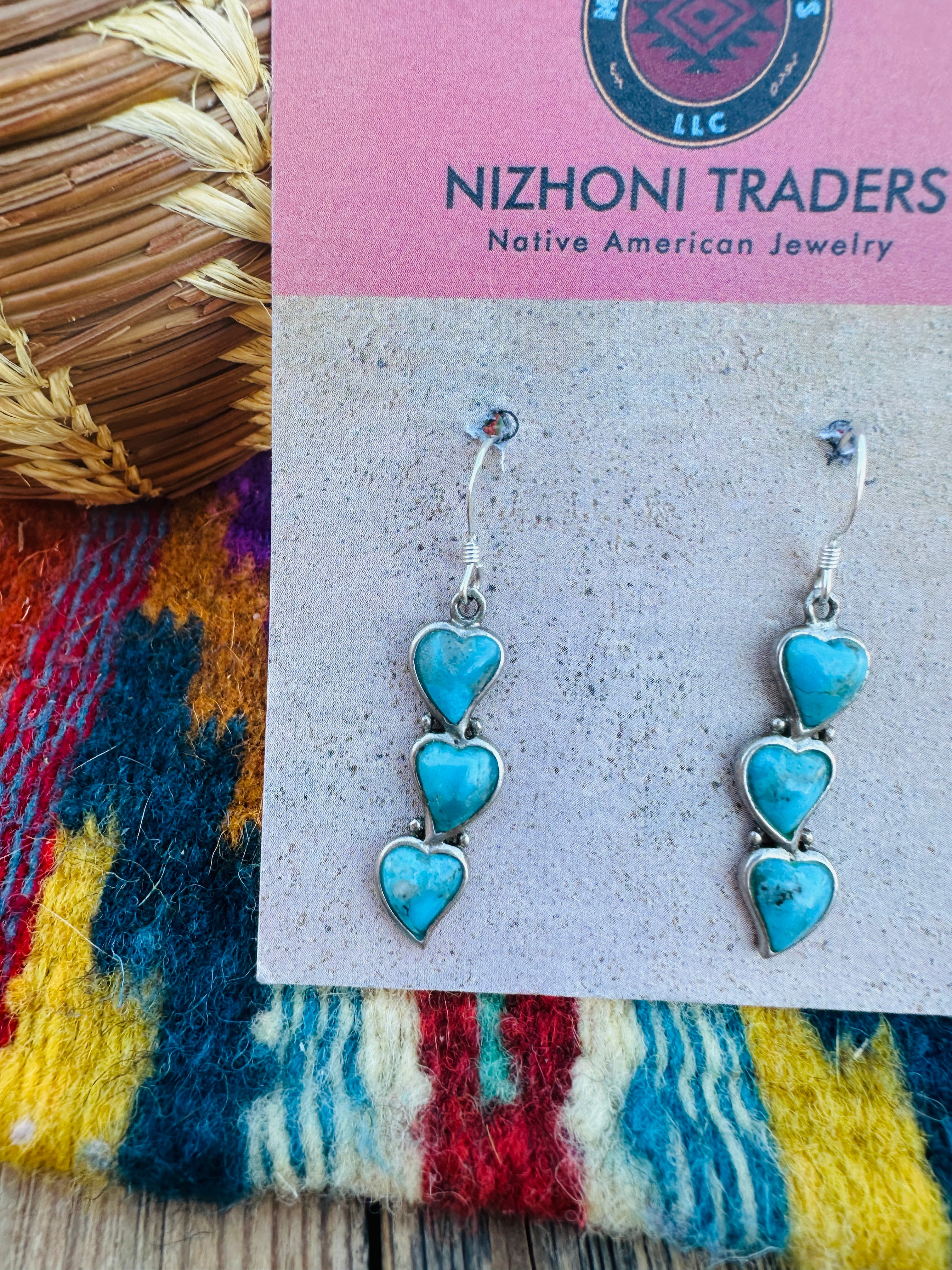Handcrafted Old Pawn Sterling Silver & Turquoise Heart Dangle Earrings