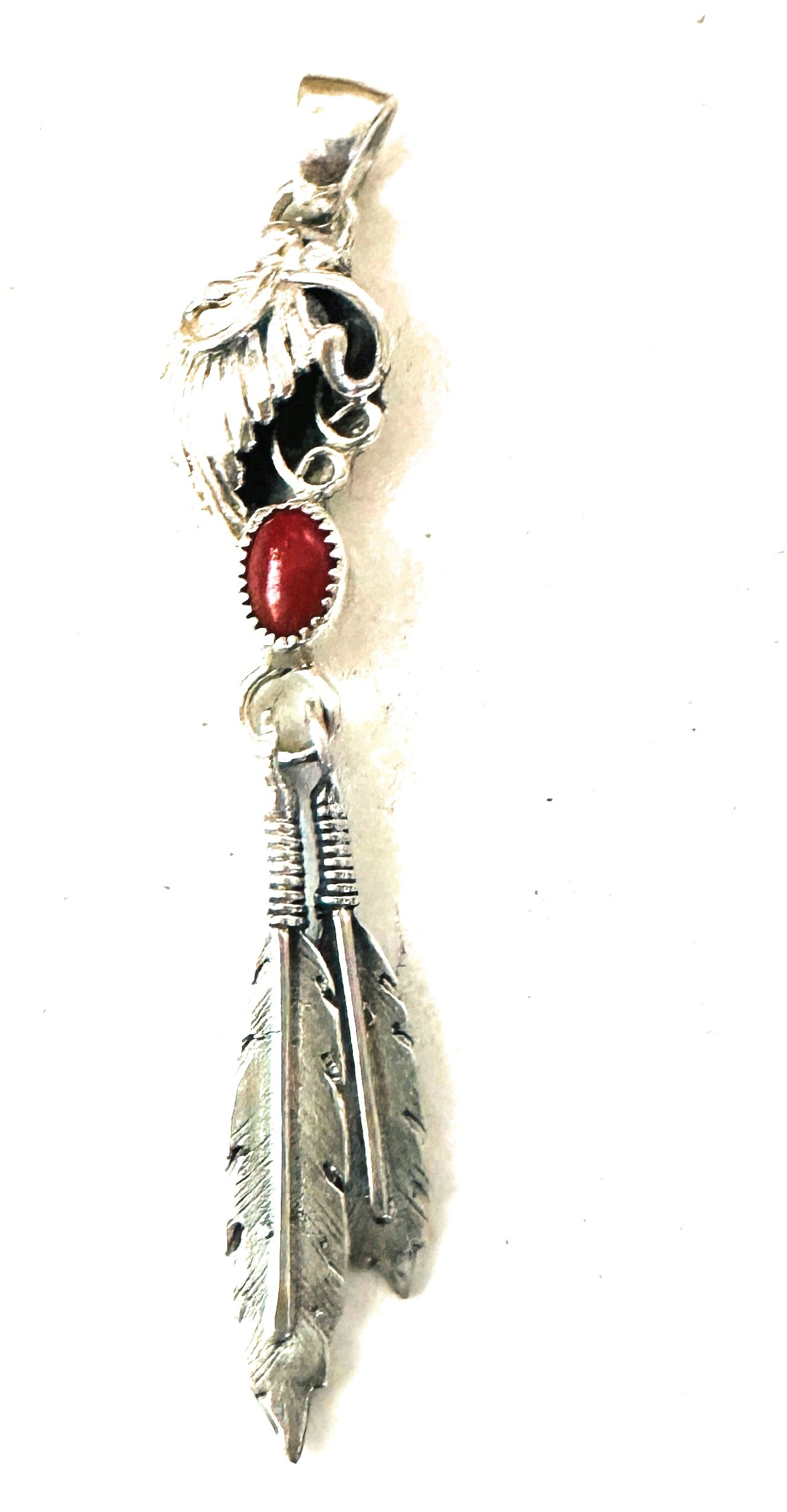 Handcrafted Coral & Sterling Silver Feather Pendant