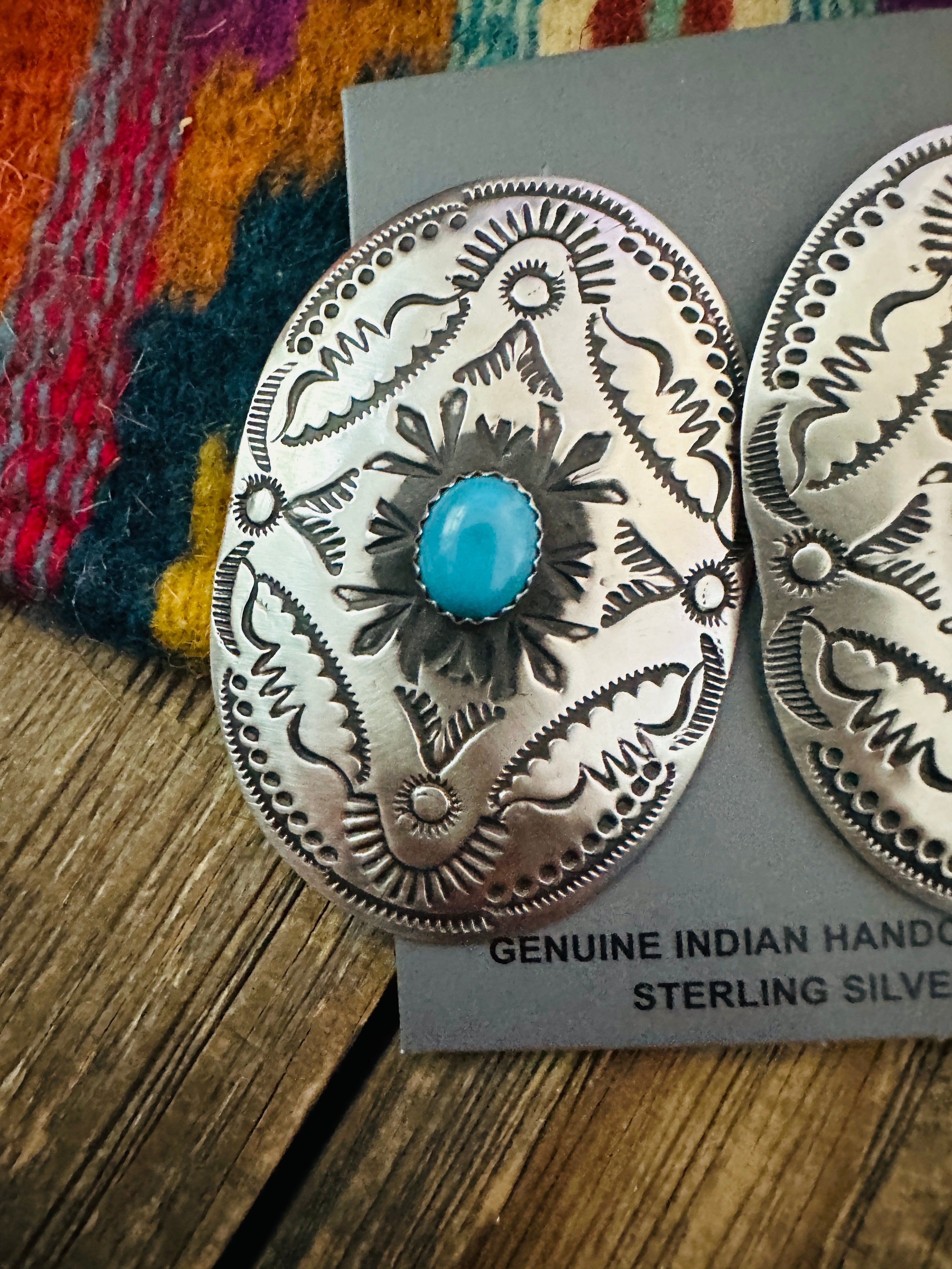 Handcrafted Turquoise & Sterling Silver Concho Post Earrings by Leander Tahe