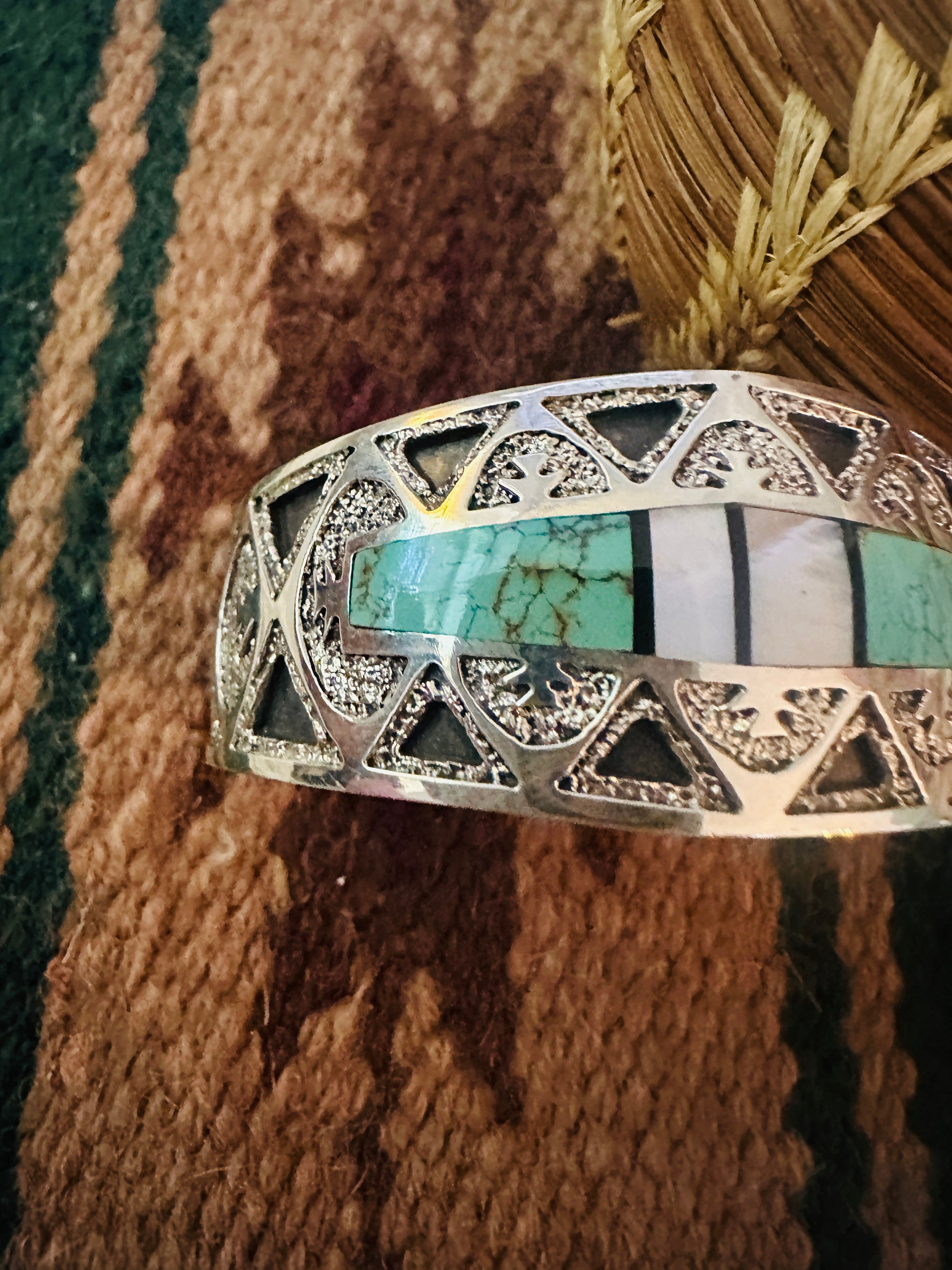 Handcrafted Old Pawn Turquoise, Mother of Pearl & Sterling Silver Inlay Cuff Bracelet /