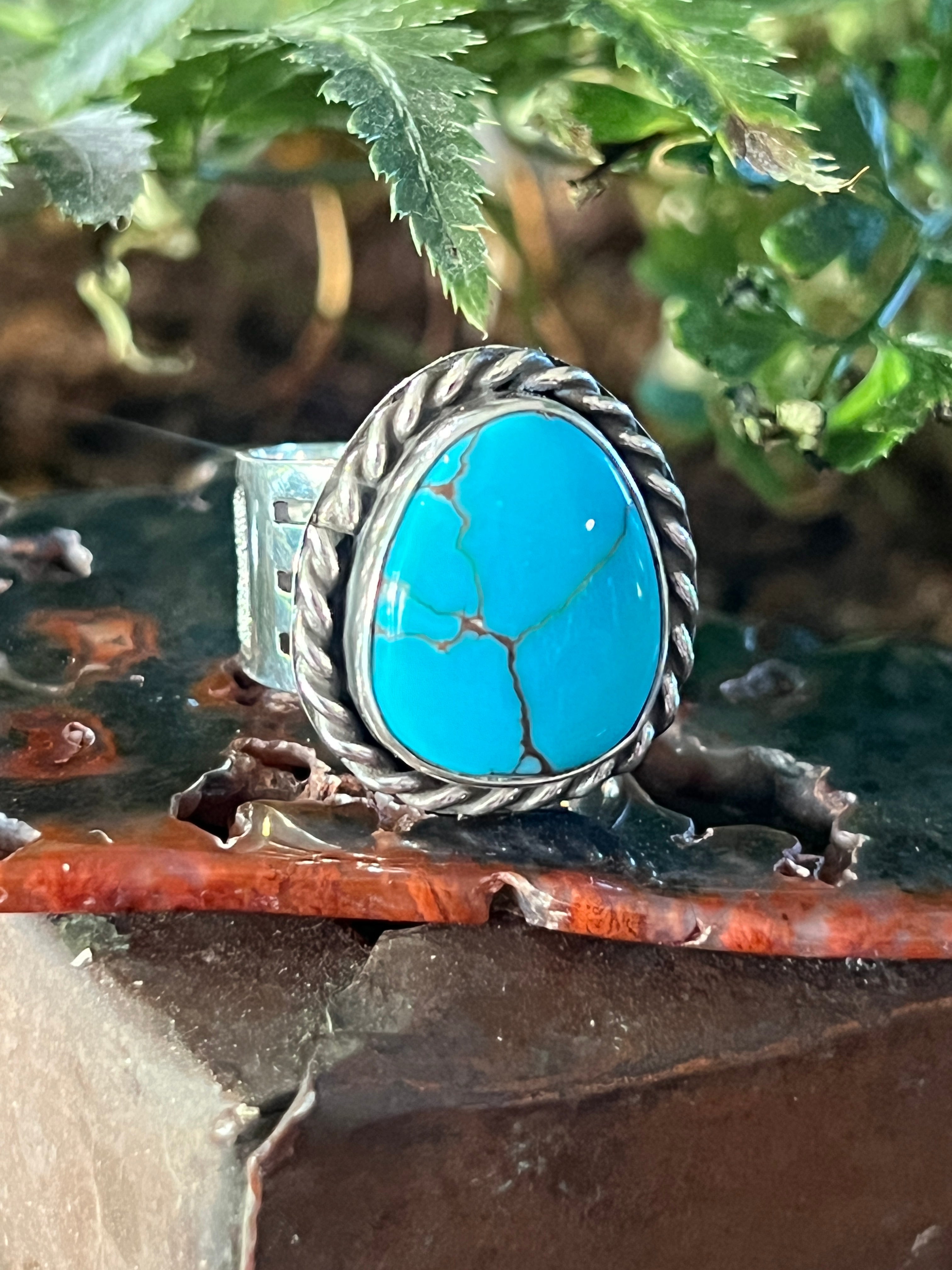 Handcrafted Sterling Silver and Egyptian Turquoise Single Stone Ring by Shaun Rogers, Size 9.5