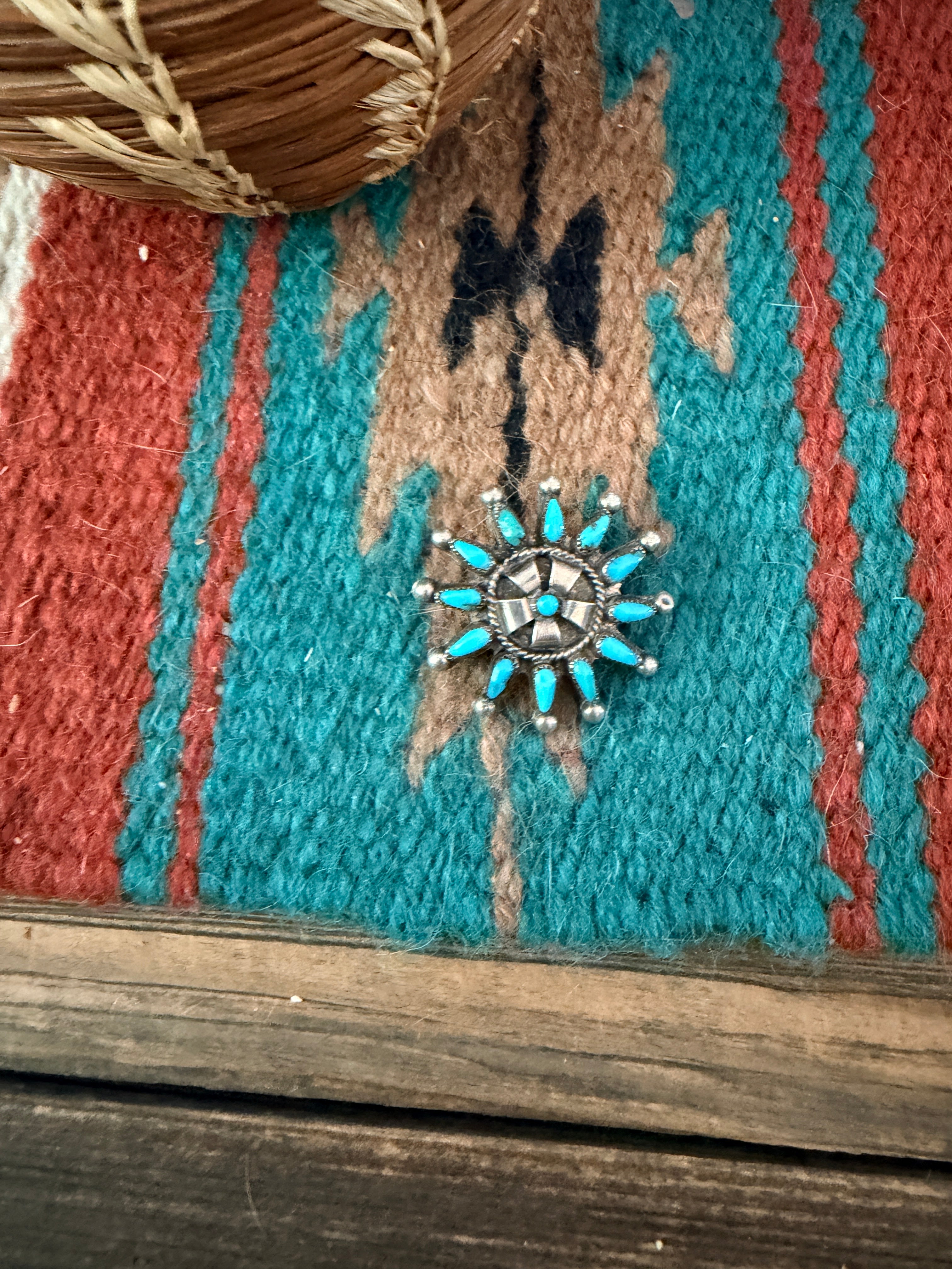 Old Pawn Handcrafted Turquoise and Sterling Silver Cluster Brooch