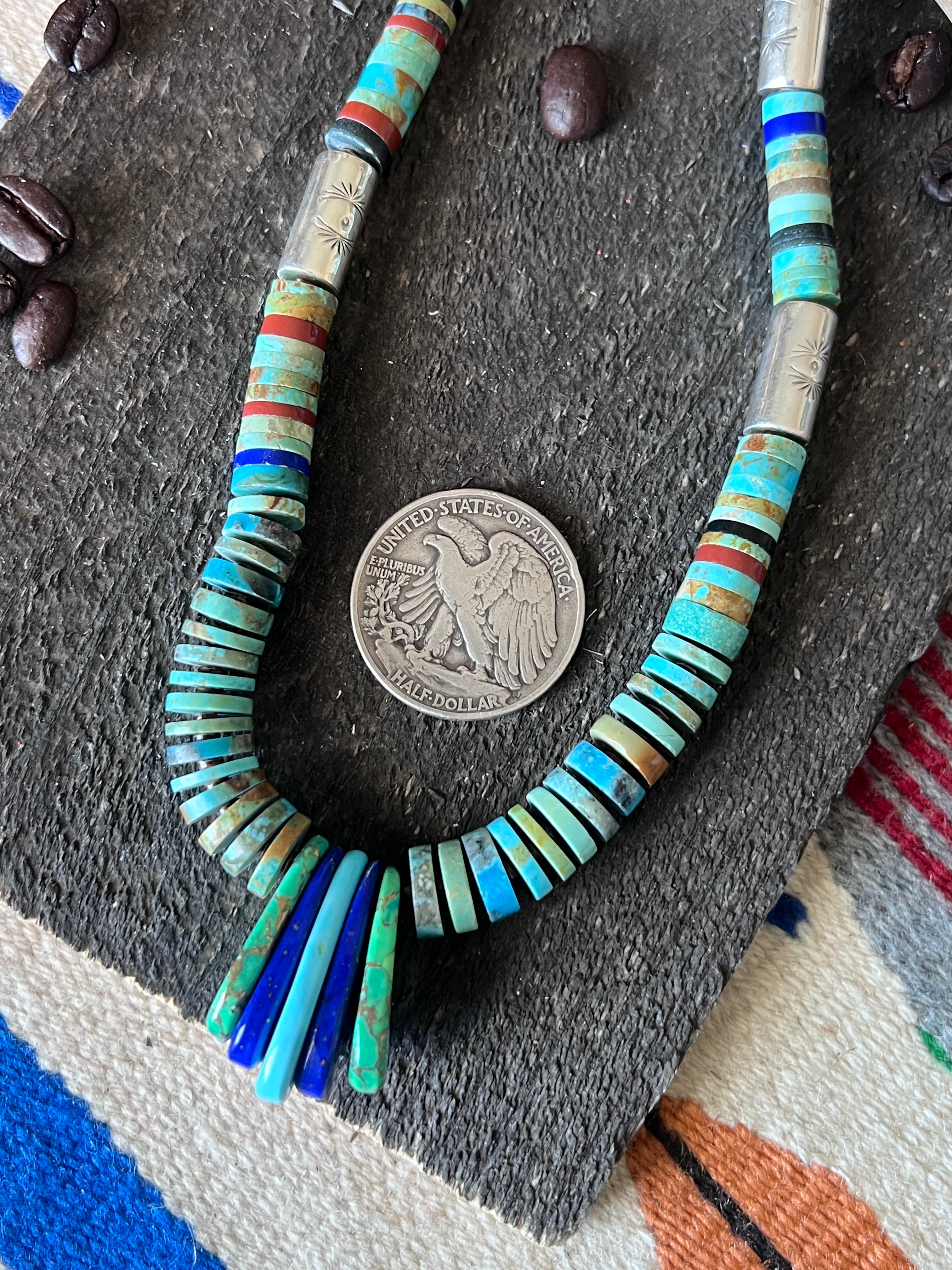 Ronald Chavez Handcrafted Sterling Silver & Multistone Heishi Beaded Santo Domingo Necklace with Tabs