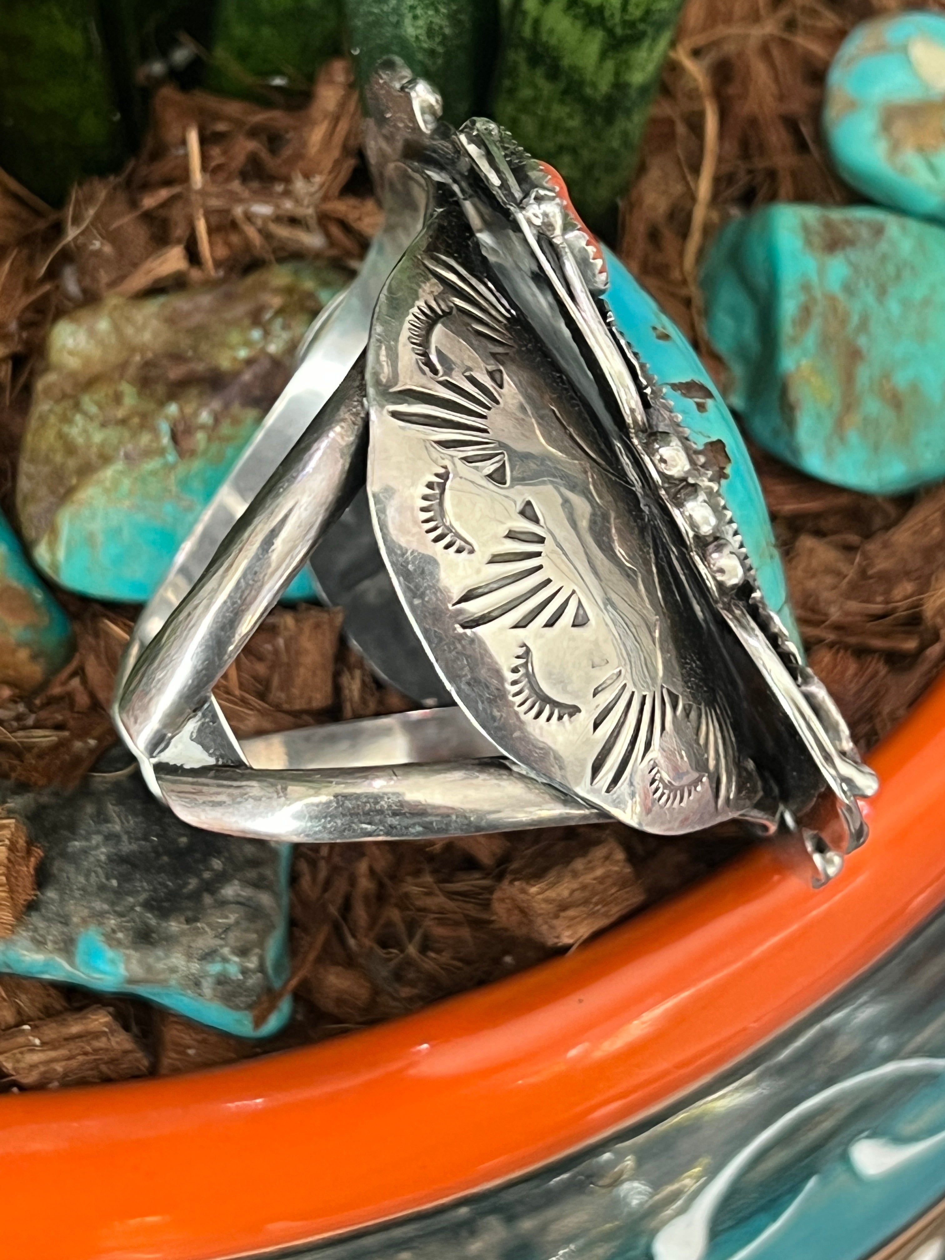 Handcrafted Vintage Sterling Silver, Turquoise and Coral Cuff Bracelet, Unsigned /