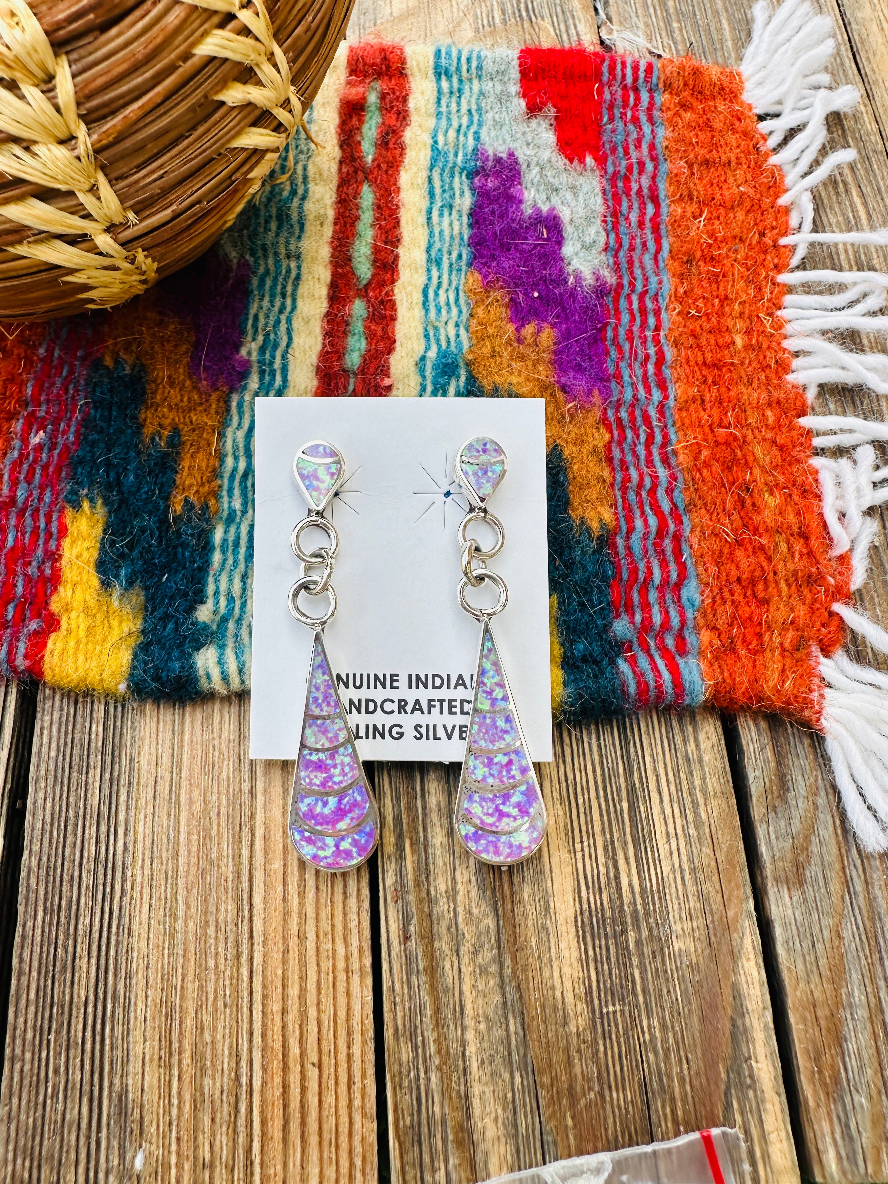 Handcrafted Opal & Sterling Silver Inlay Teardrop Dangle Earrings