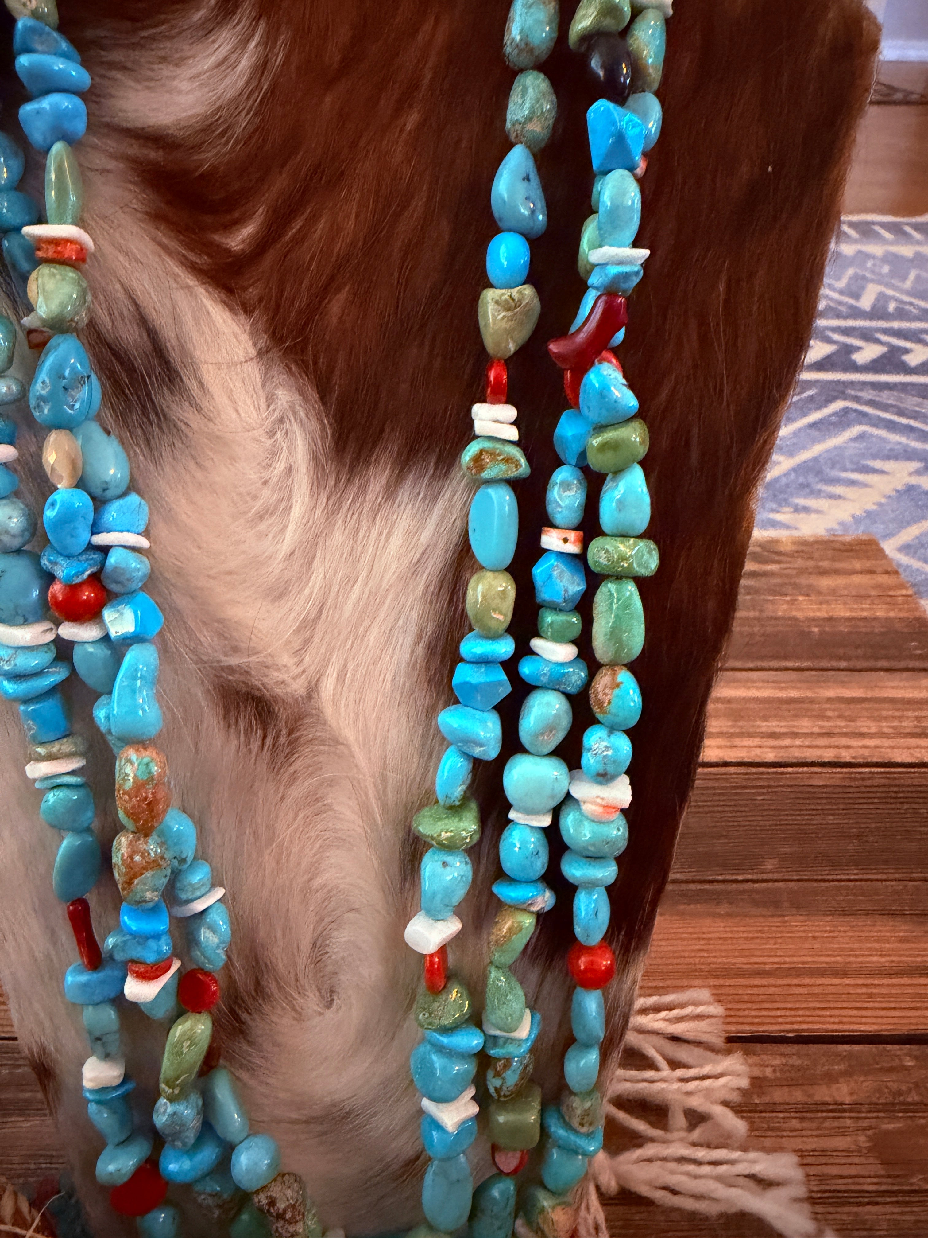 Old Pawn Handcrafted Turquoise, Coral & Shell Beaded 30” Necklace