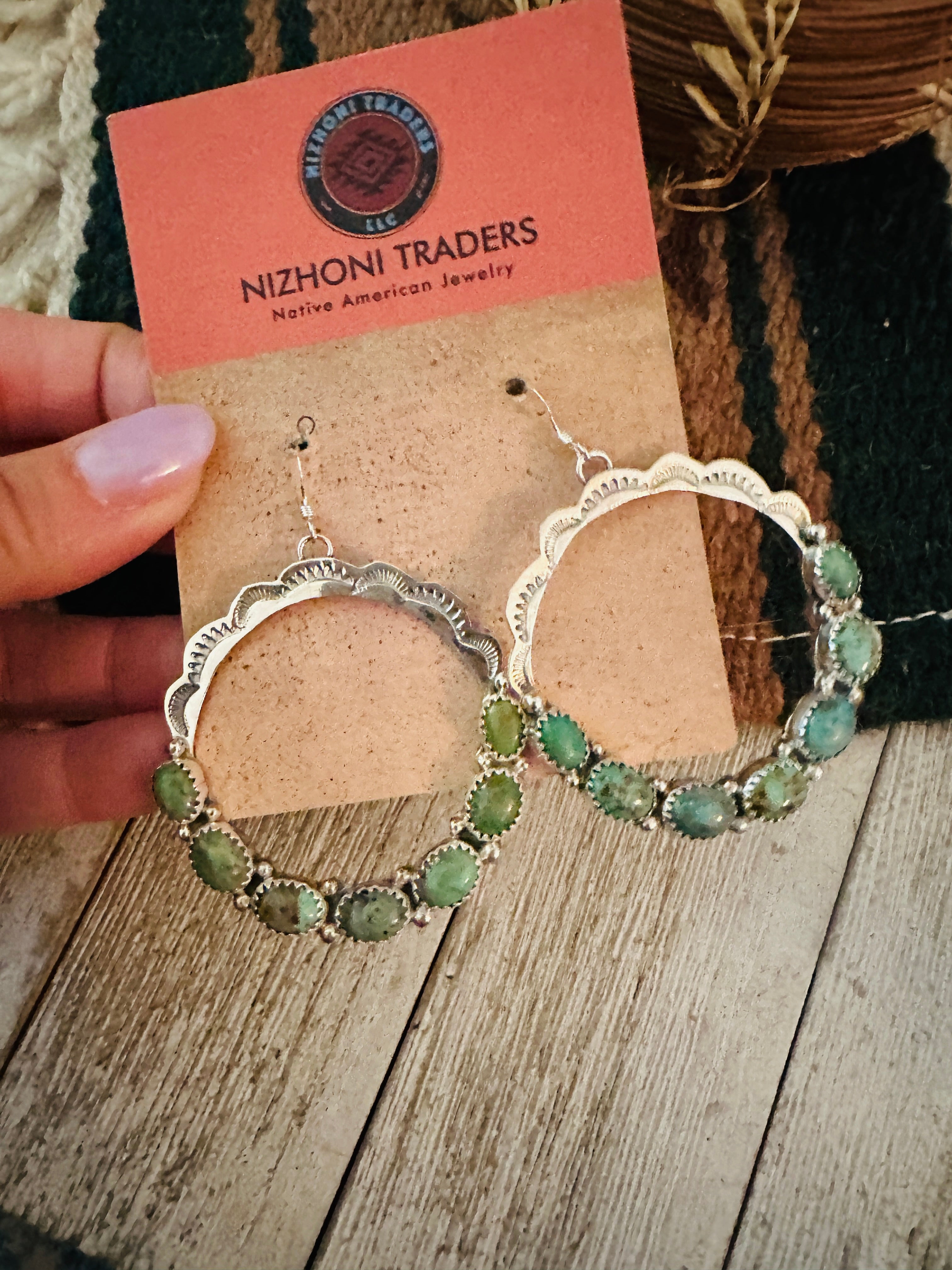 Handcrafted Turquoise & Sterling Silver Dangle Hoop Earrings