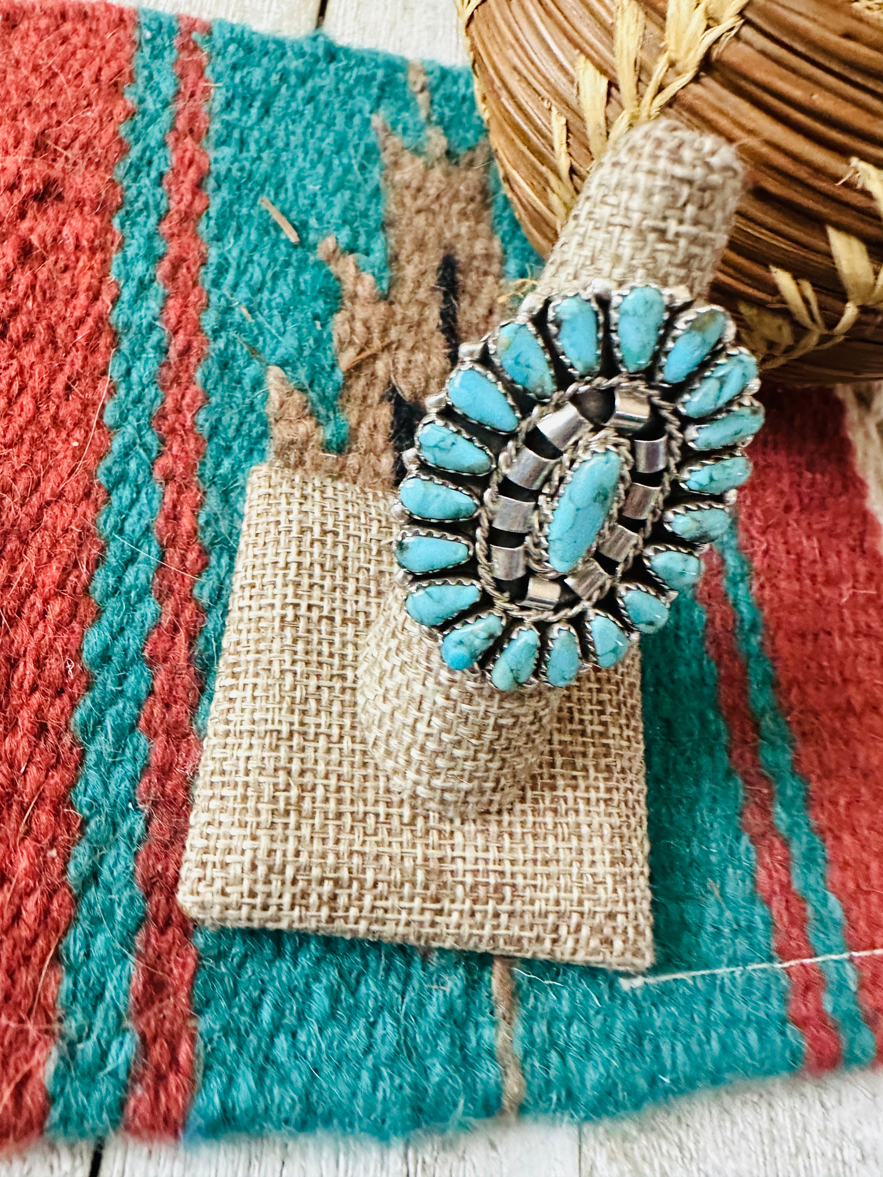 Handcrafted Turquoise & Sterling Silver Cluster Ring Size by Leander Nez