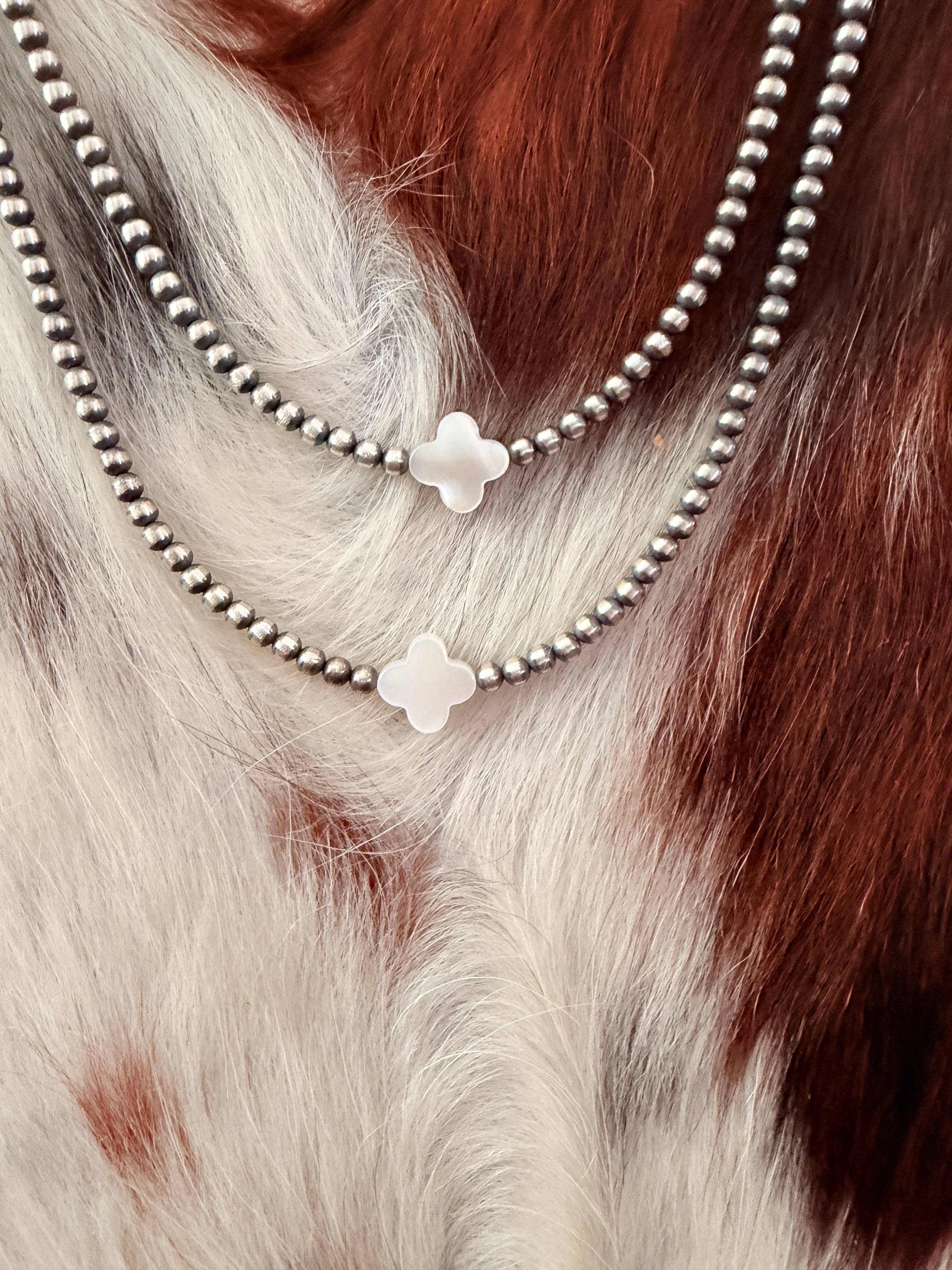 Handcrafted Mother of Pearl and Sterling Silver Pearl Quatrefoil Beaded Necklace
