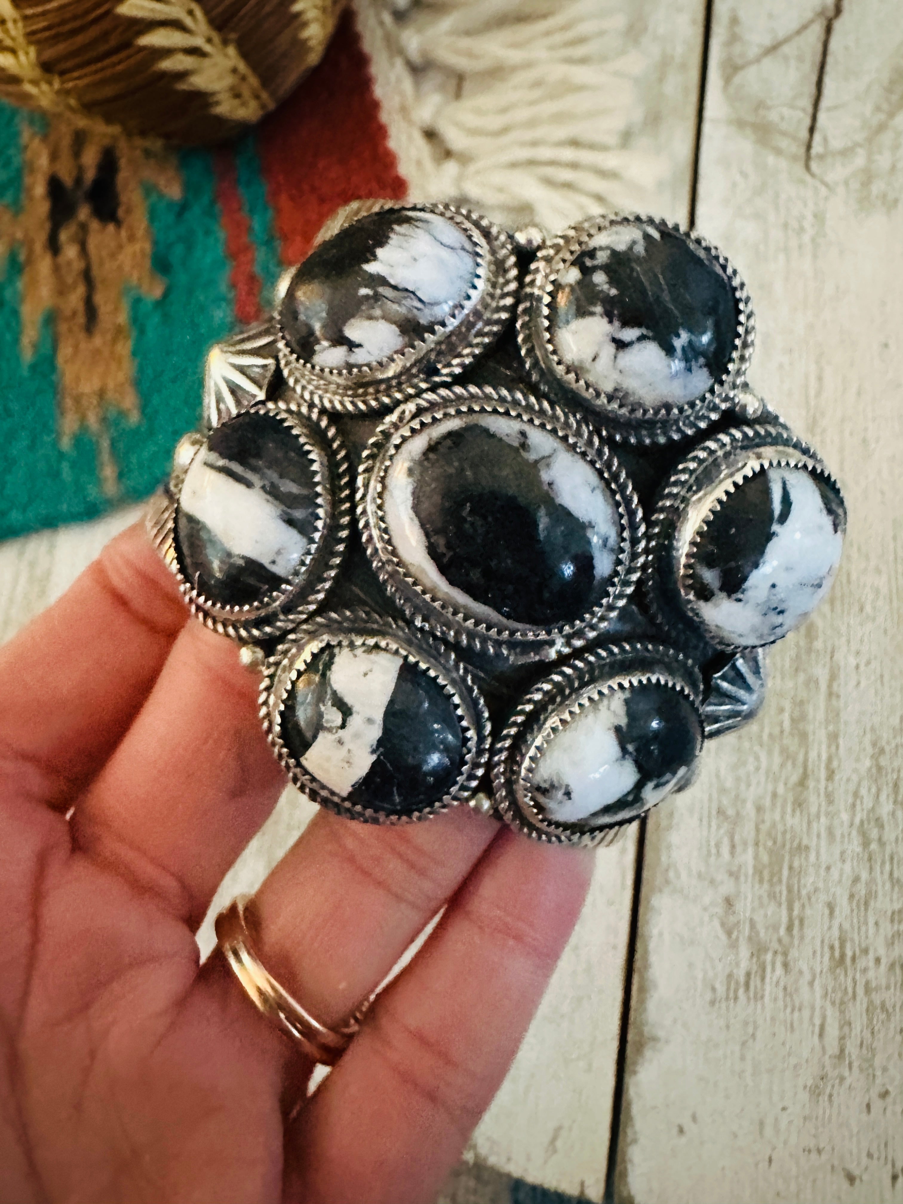 Navajo White Buffalo & Sterling Silver Cluster Cuff Bracelet