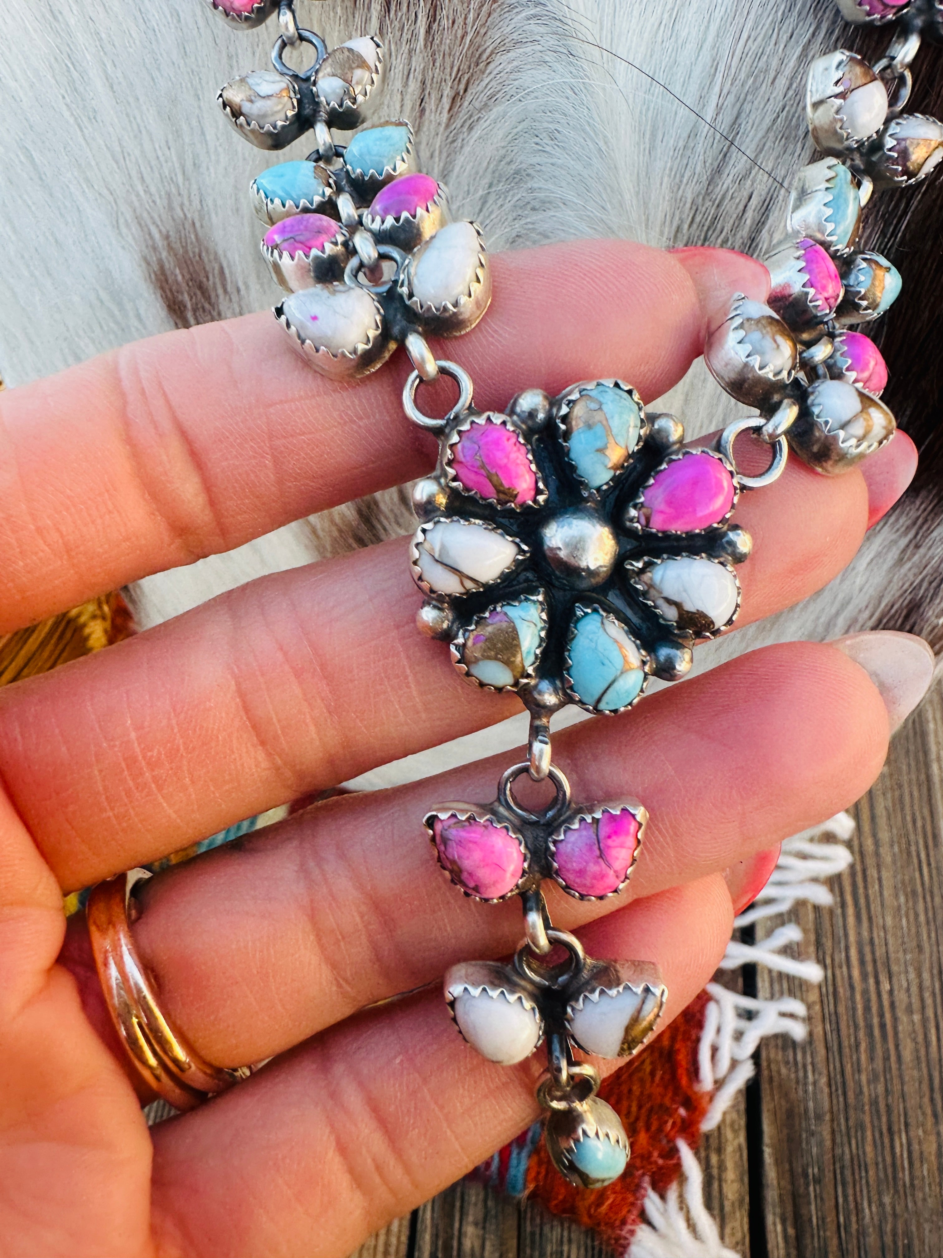 Handcrafted Cotton Candy & Sterling Silver Flower Cluster Necklace by Pearlene Spencer