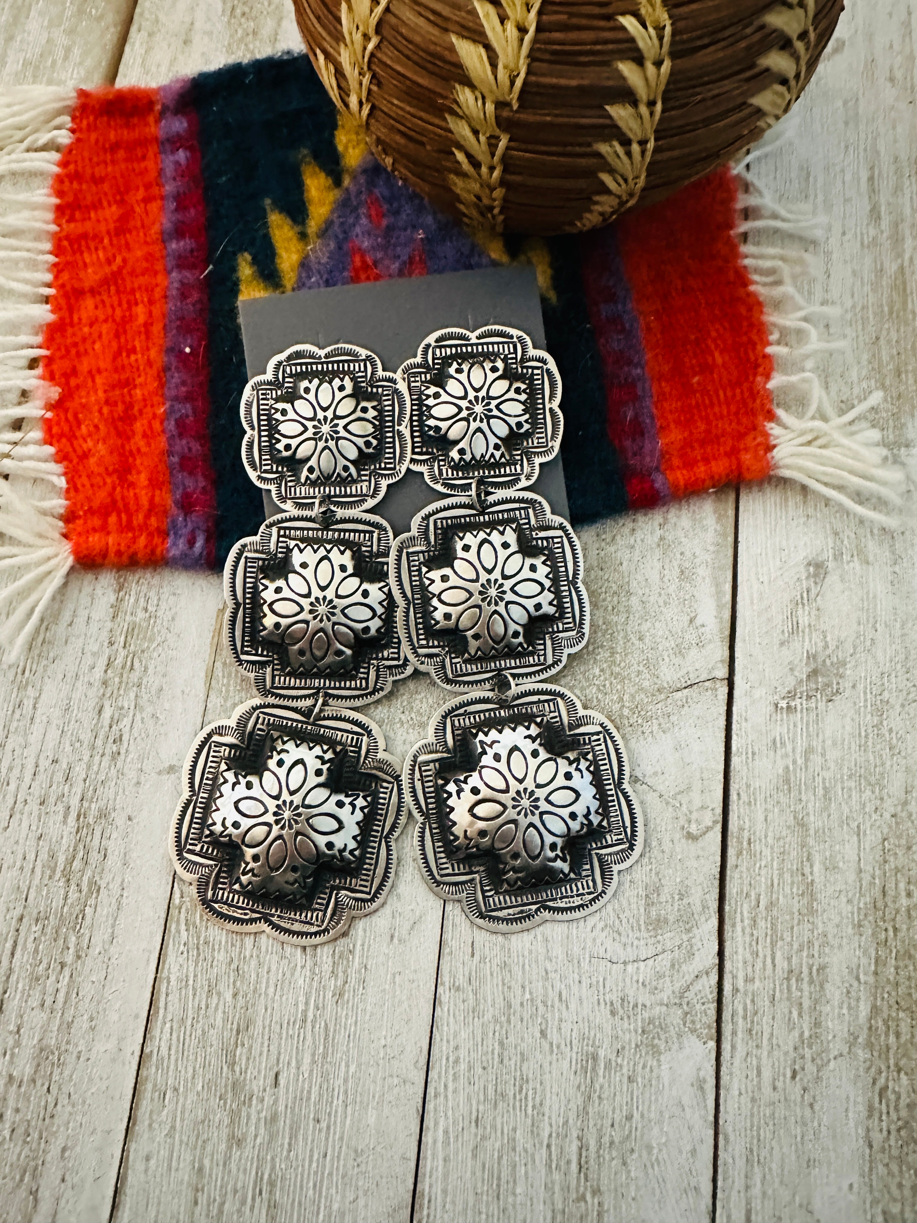 Handcrafted & Hand Stamped Sterling Silver Concho Dangle Earrings by Leander Tahe