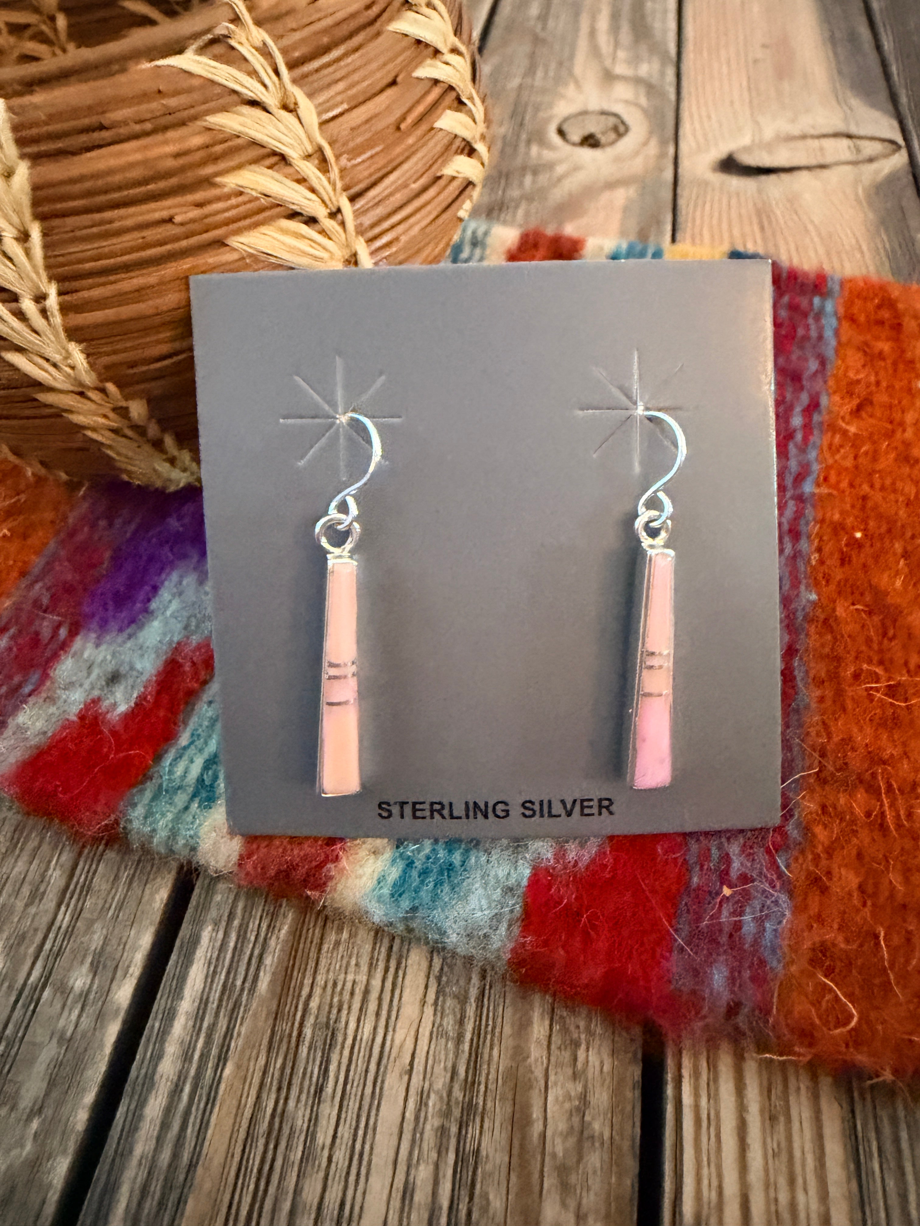 Handcrafted Queen Pink Conch & Sterling Silver Inlay Dangle Earrings by Rick Tolino