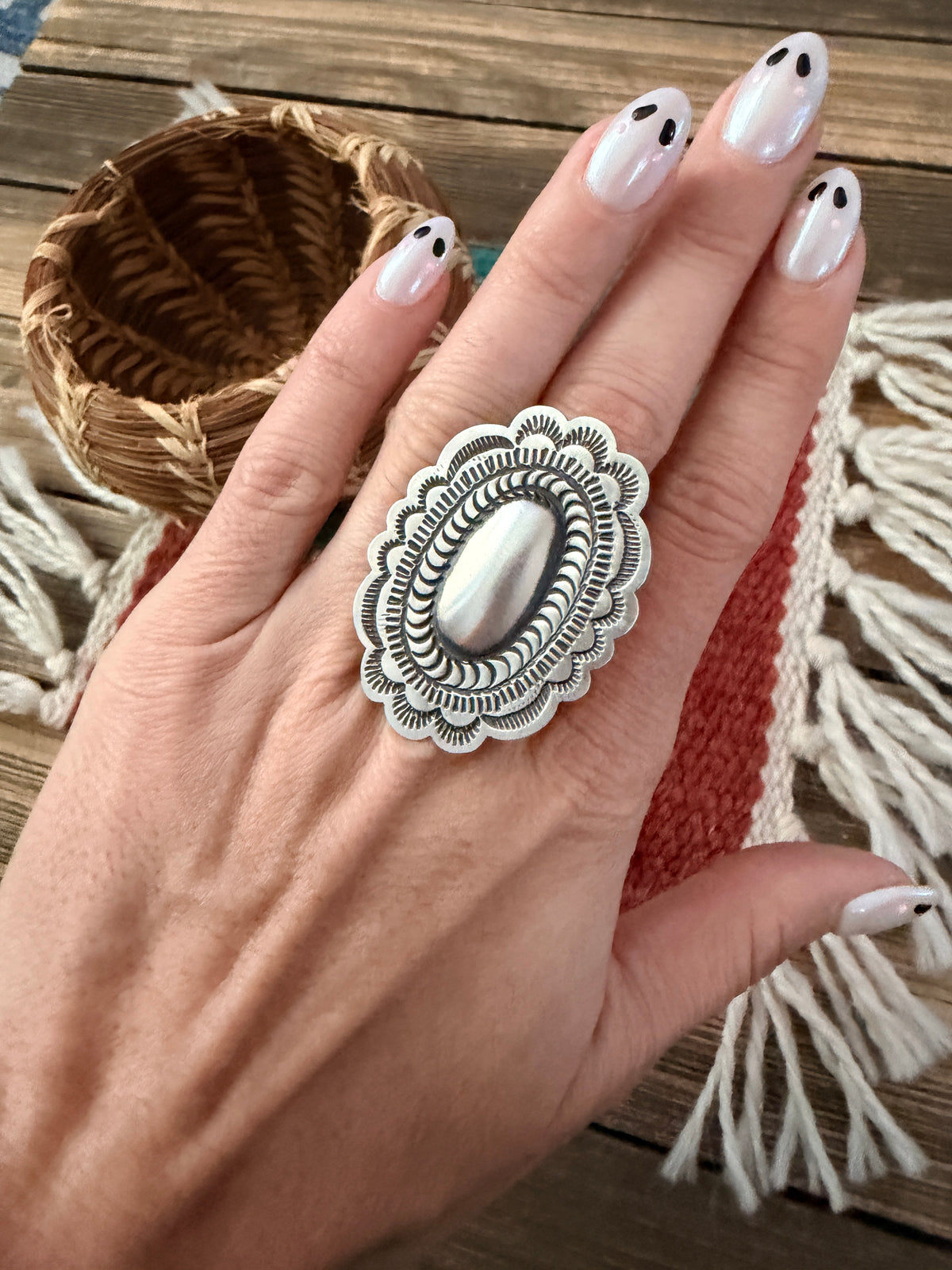 Handcrafted Sterling Silver Adjustable Concho Ring by Leander Tahe
