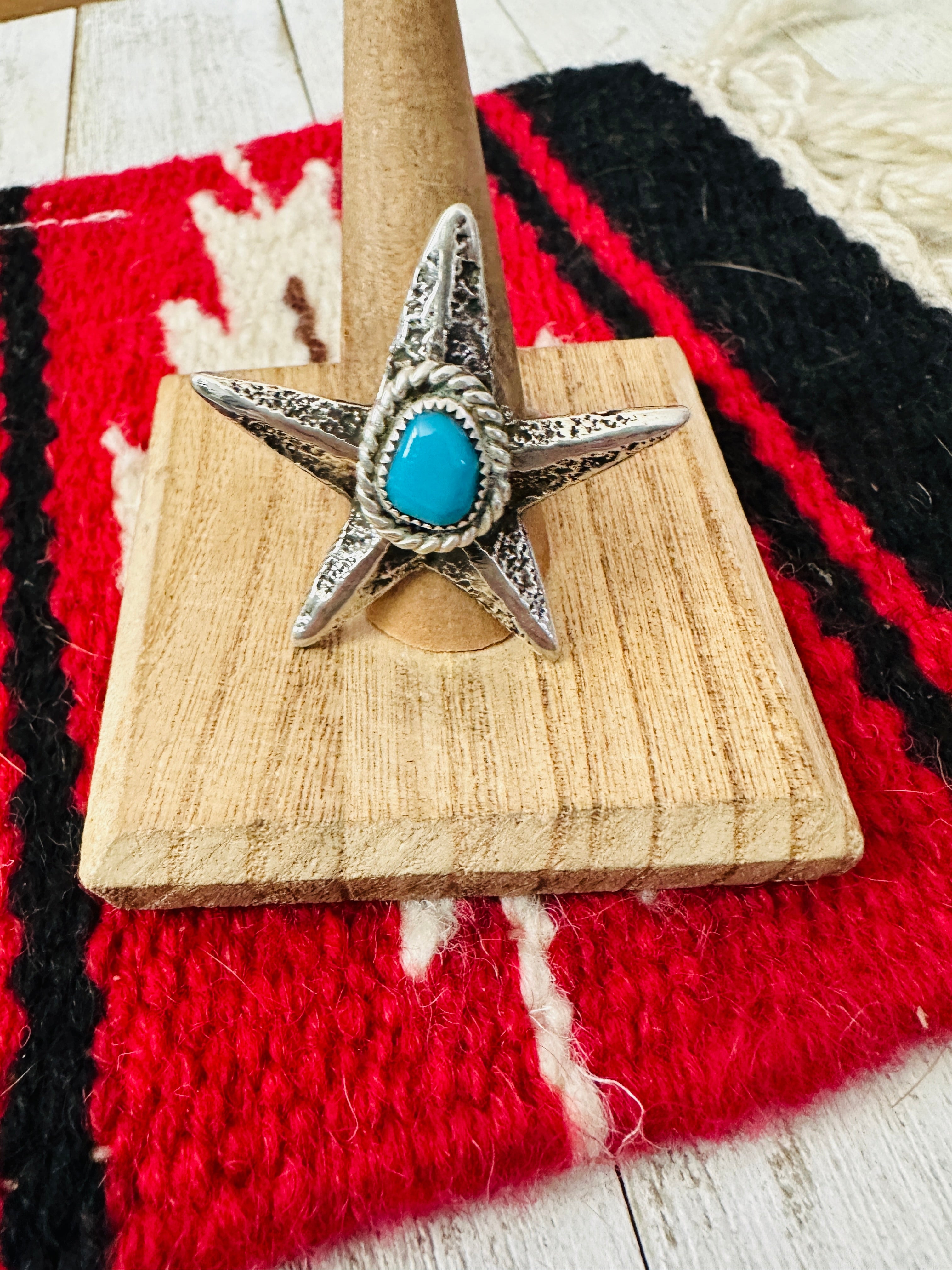 Hand Cast Turquoise & Sterling Silver Star Ring Size 9.75